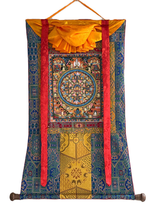 Hand-Painted Buddha Life Mandala Thangka: Tibetan Silk Brocade Wall Hanging