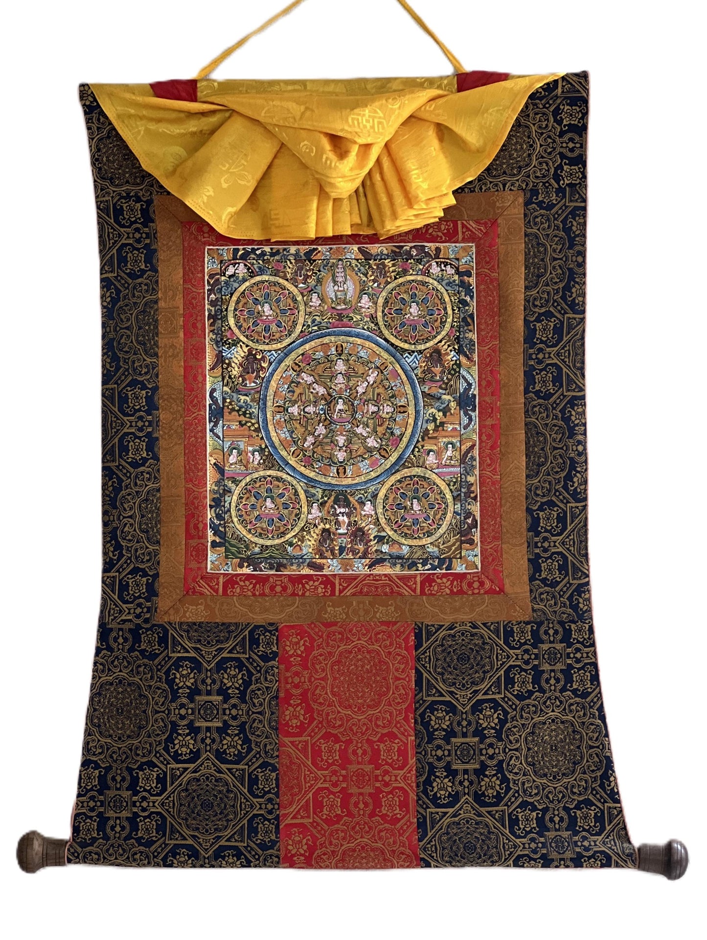 Hand-Painted Five Buddha Mandala Thangka Painting with Silk Border