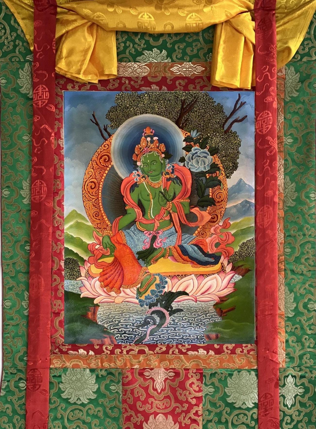 Green Tara Thangka Painting | Hand-Painted Newari Paubha Art with Silk Brocade