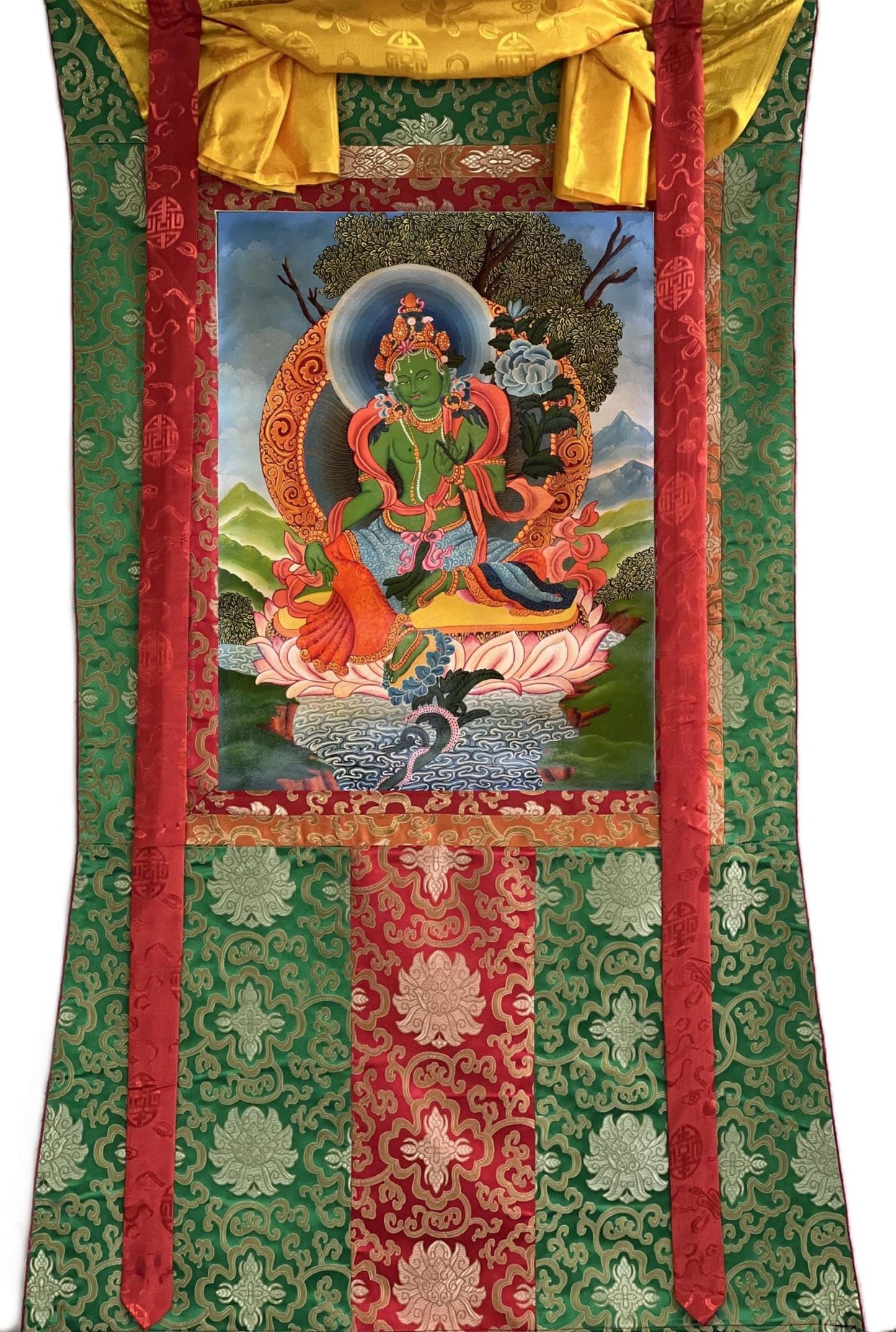 Green Tara Thangka Painting | Hand-Painted Newari Paubha Art with Silk Brocade