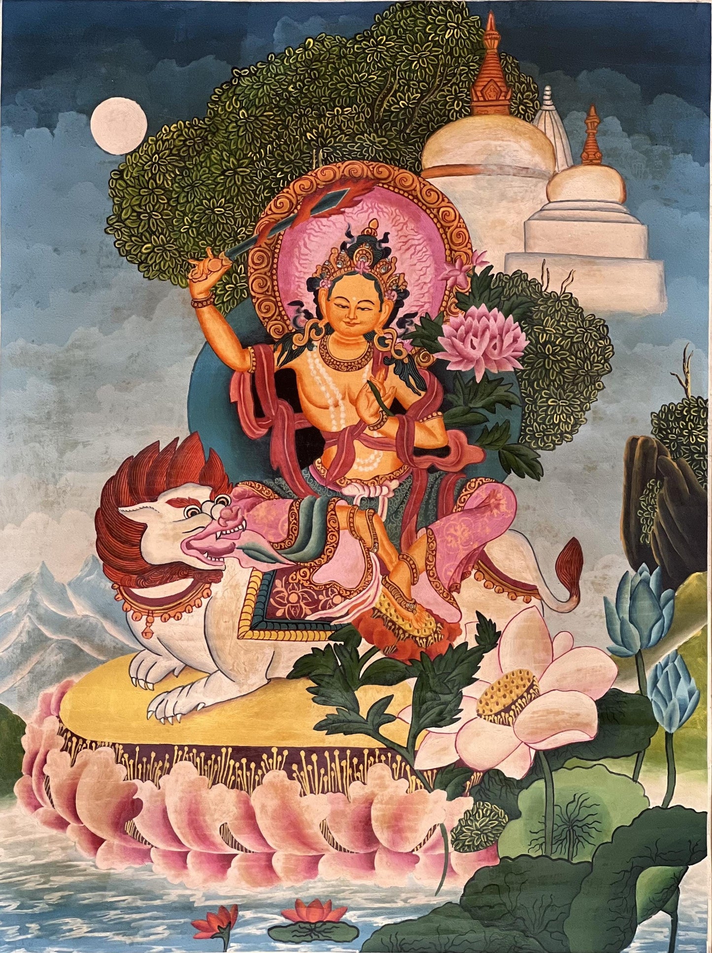 Lion Manjushri Thangka Painting, Silk Brocade, Newari Paubha Art