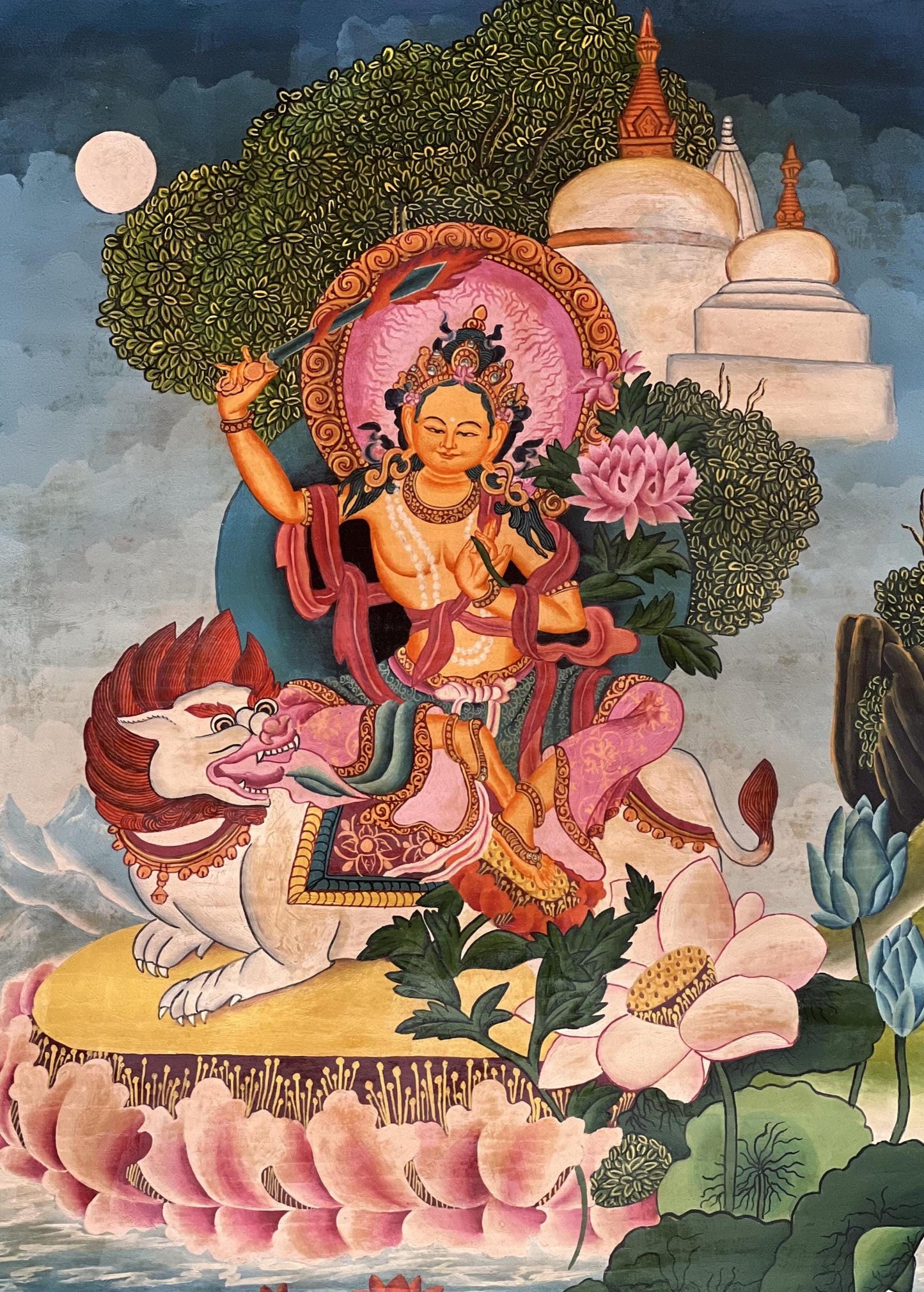 Lion Manjushri Thangka Painting, Silk Brocade, Newari Paubha Art