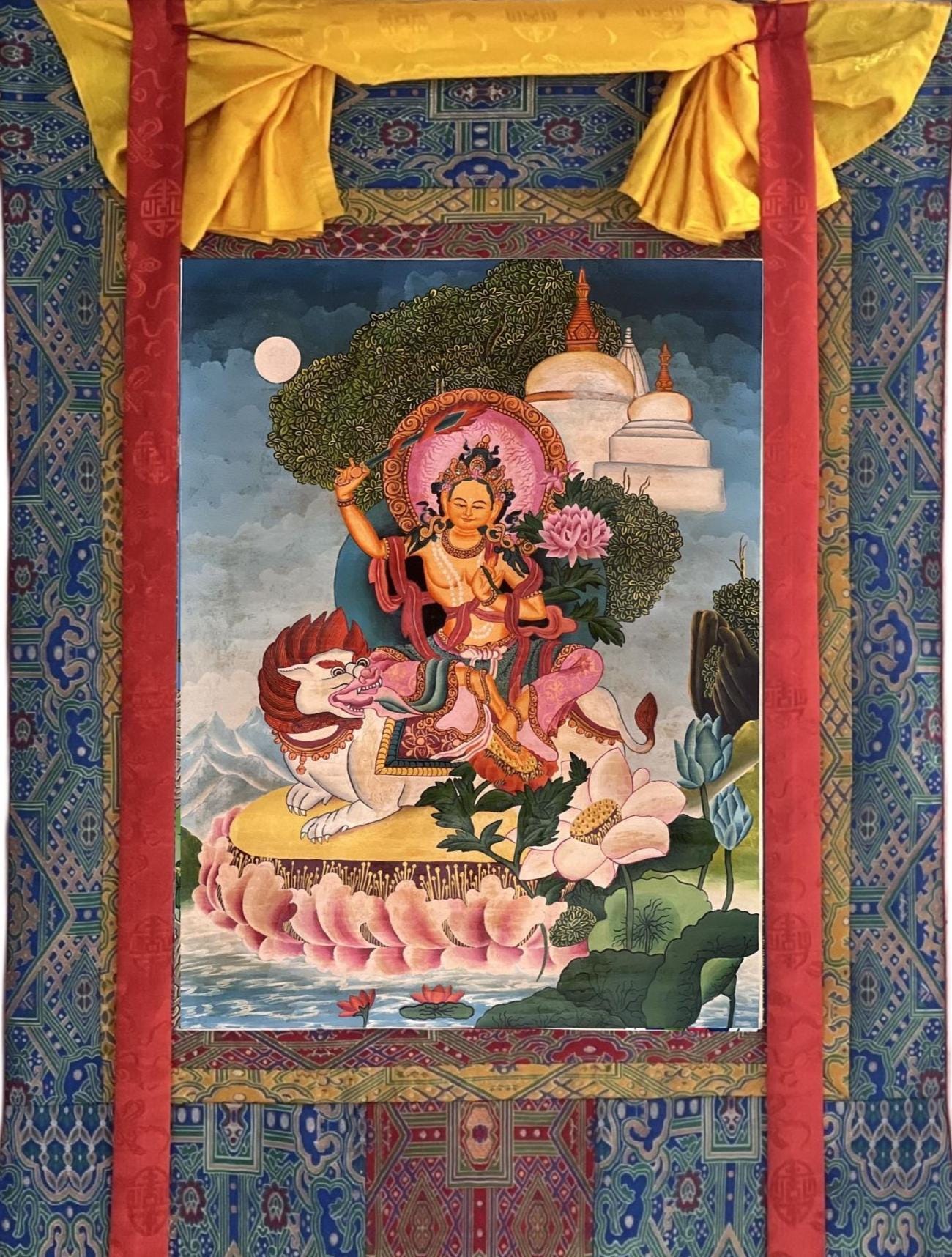Lion Manjushri Thangka Painting, Silk Brocade, Newari Paubha Art