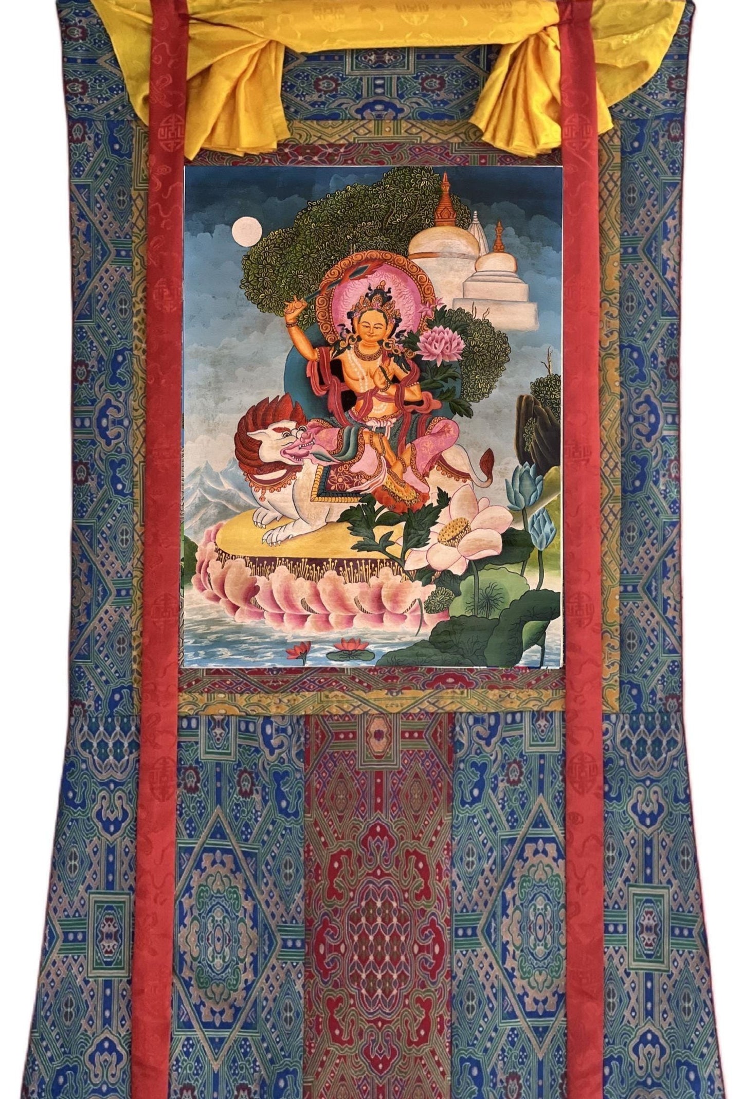 Lion Manjushri Thangka Painting, Silk Brocade, Newari Paubha Art