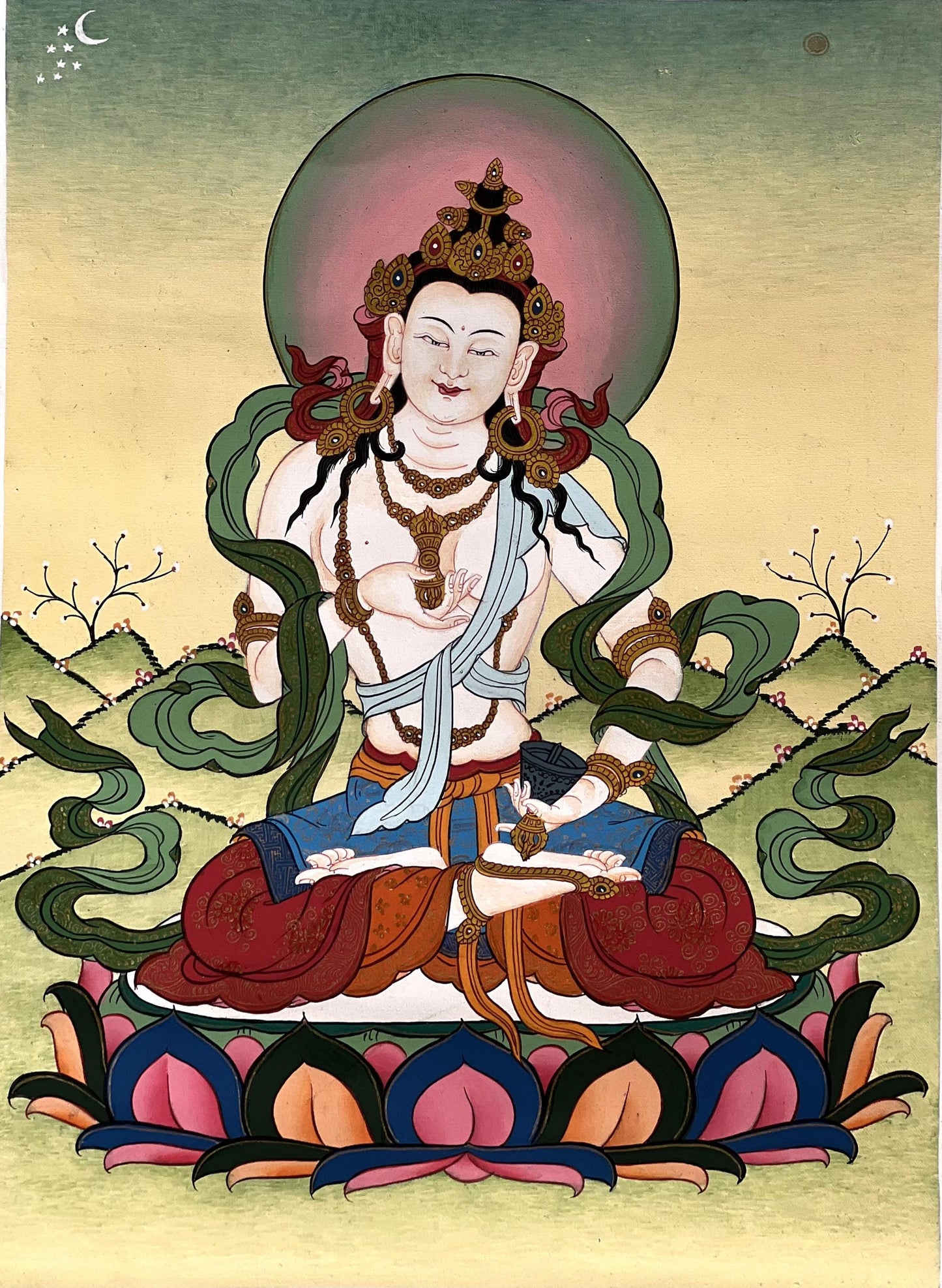 Hand-Painted Vajrasattva Buddha Thangka - Gold Detail Silk Brocade