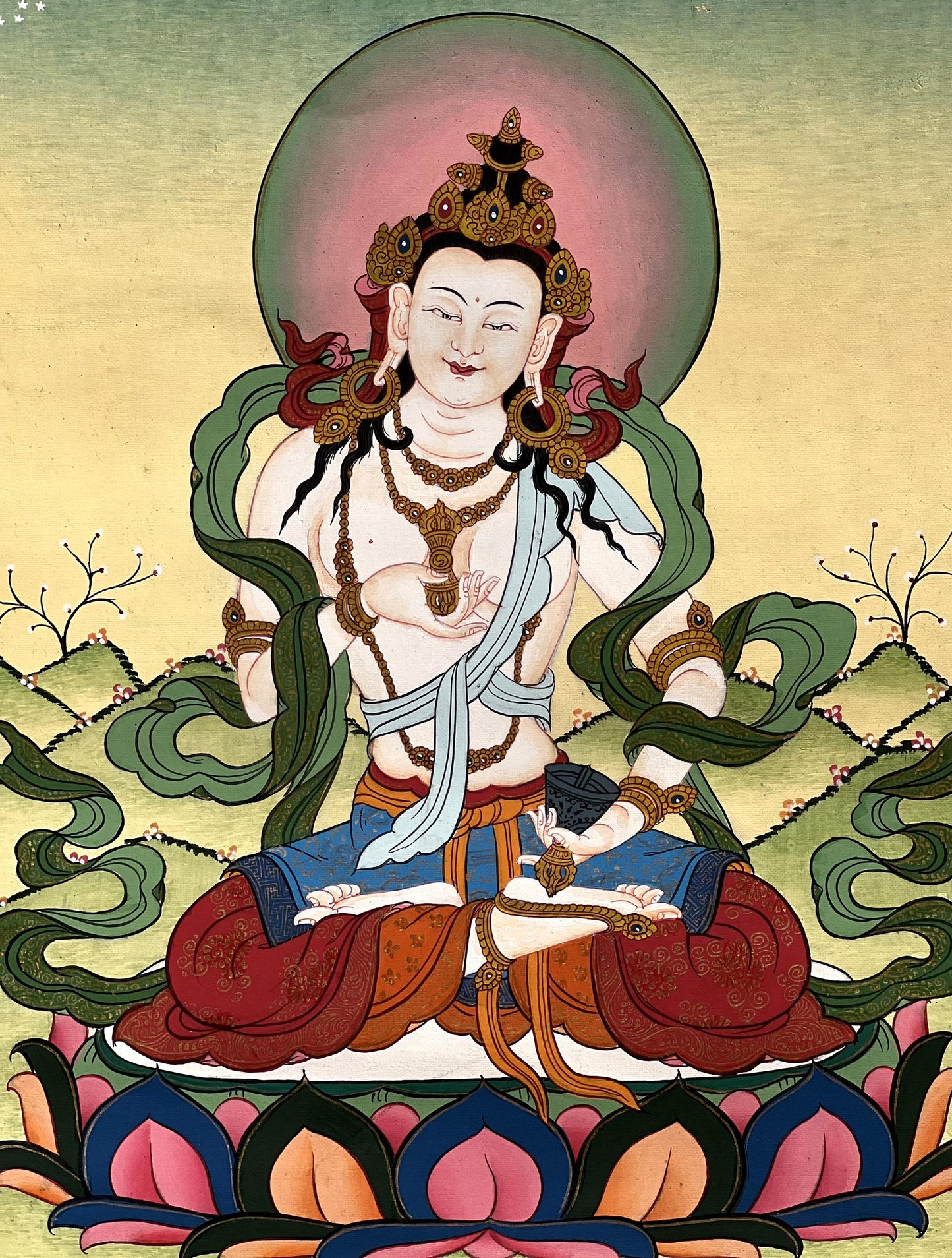 Hand-Painted Vajrasattva Buddha Thangka - Gold Detail Silk Brocade