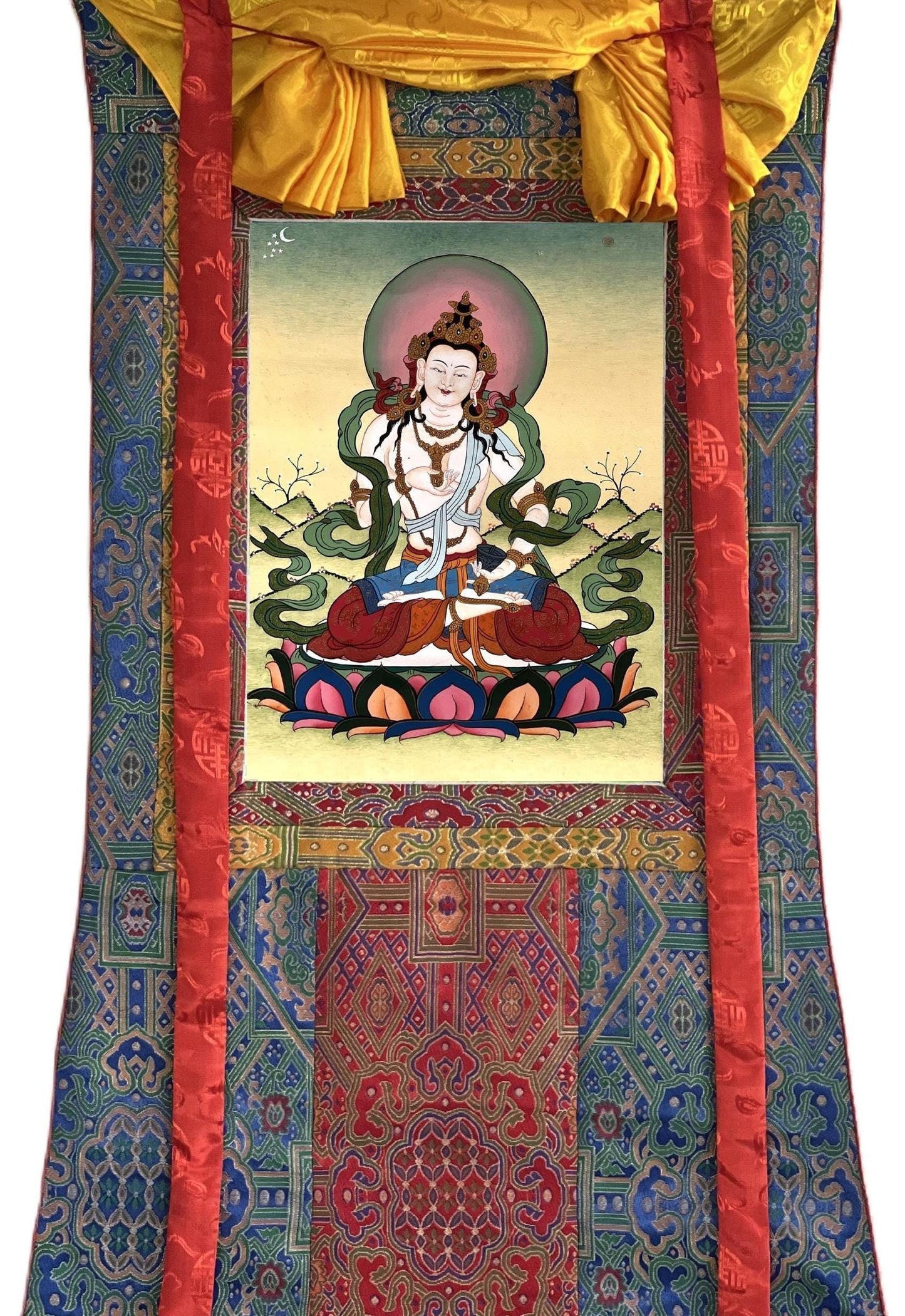 Hand-Painted Vajrasattva Buddha Thangka - Gold Detail Silk Brocade