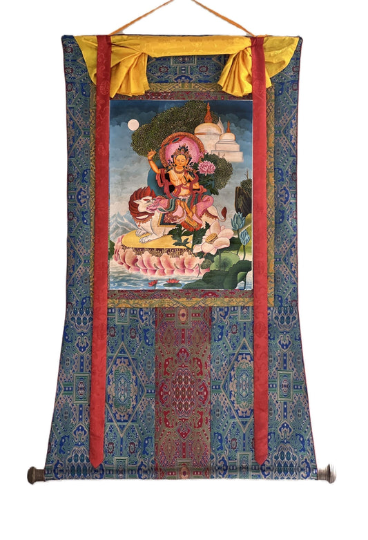 Lion Manjushri Thangka Painting, Silk Brocade, Newari Paubha Art