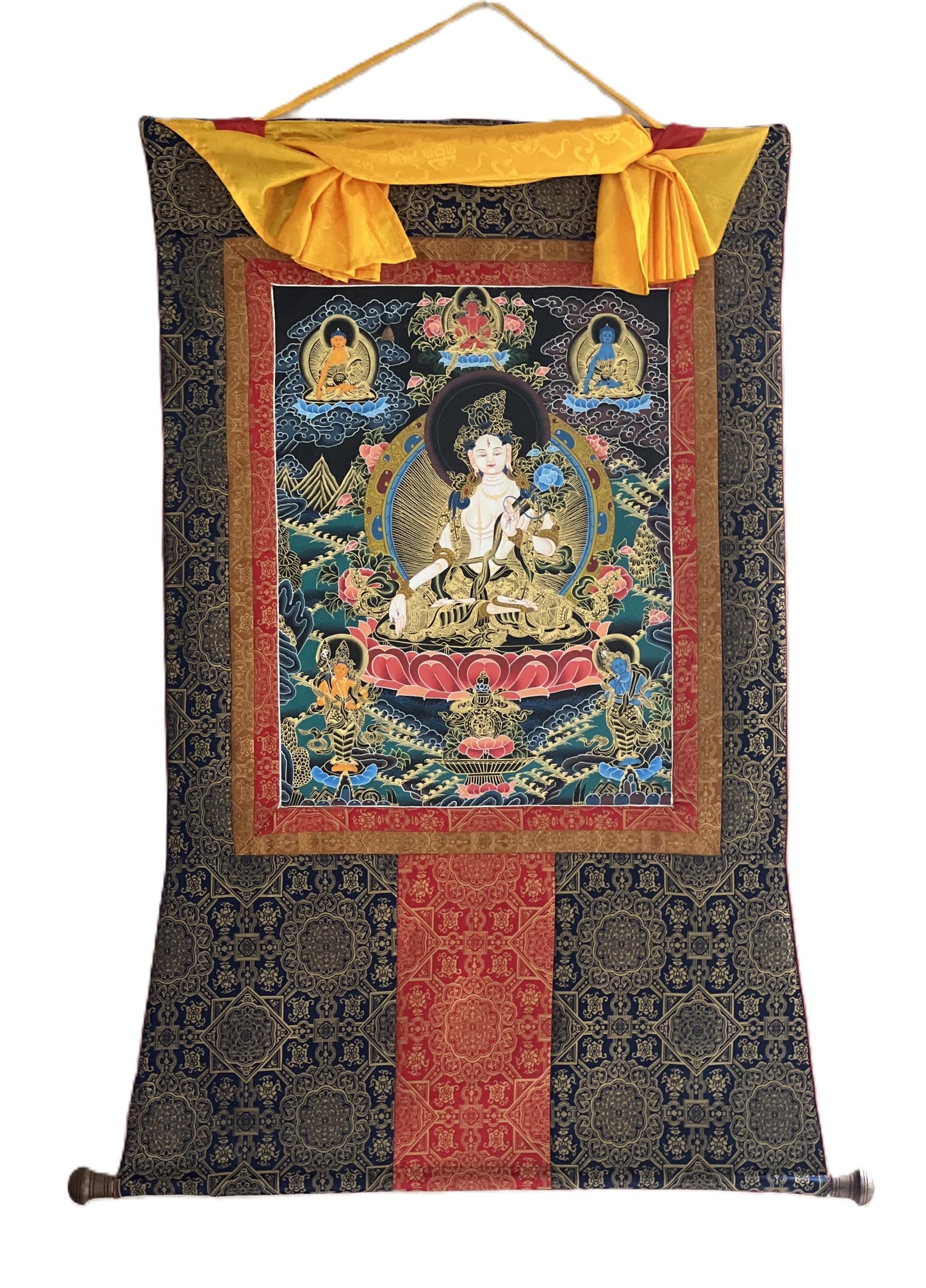 Hand-Painted White Tara Thangka, Silk Brocade, Tibetan Buddhist Art