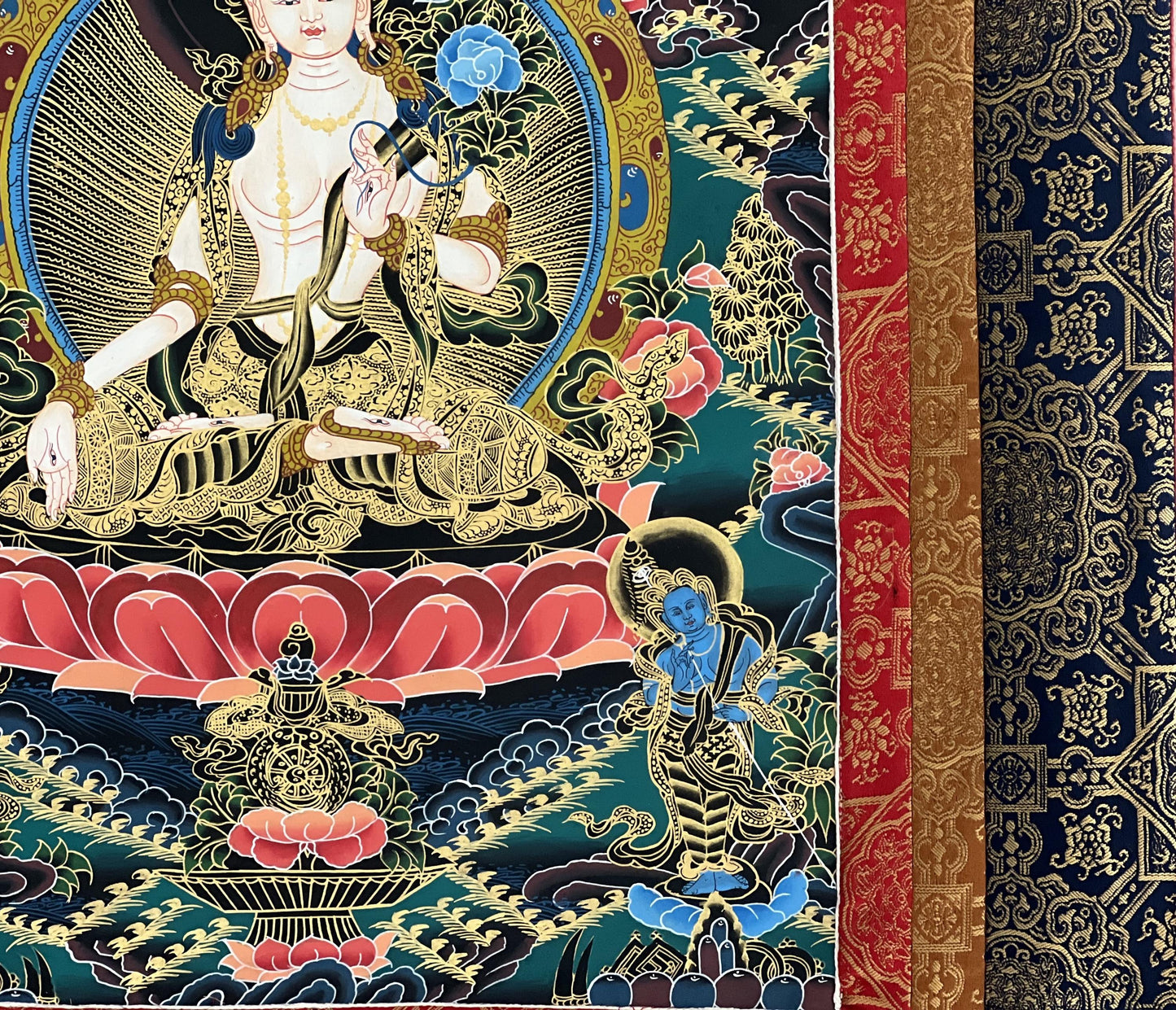 Hand-Painted White Tara Thangka, Silk Brocade, Tibetan Buddhist Art