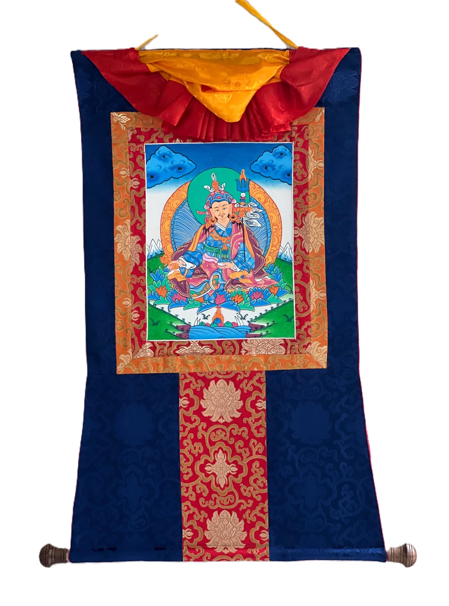 Original Hand-painted Padmasambhava Guru Rinpoche Master Quality Tibetan Thangka Painting with Silk Brocade