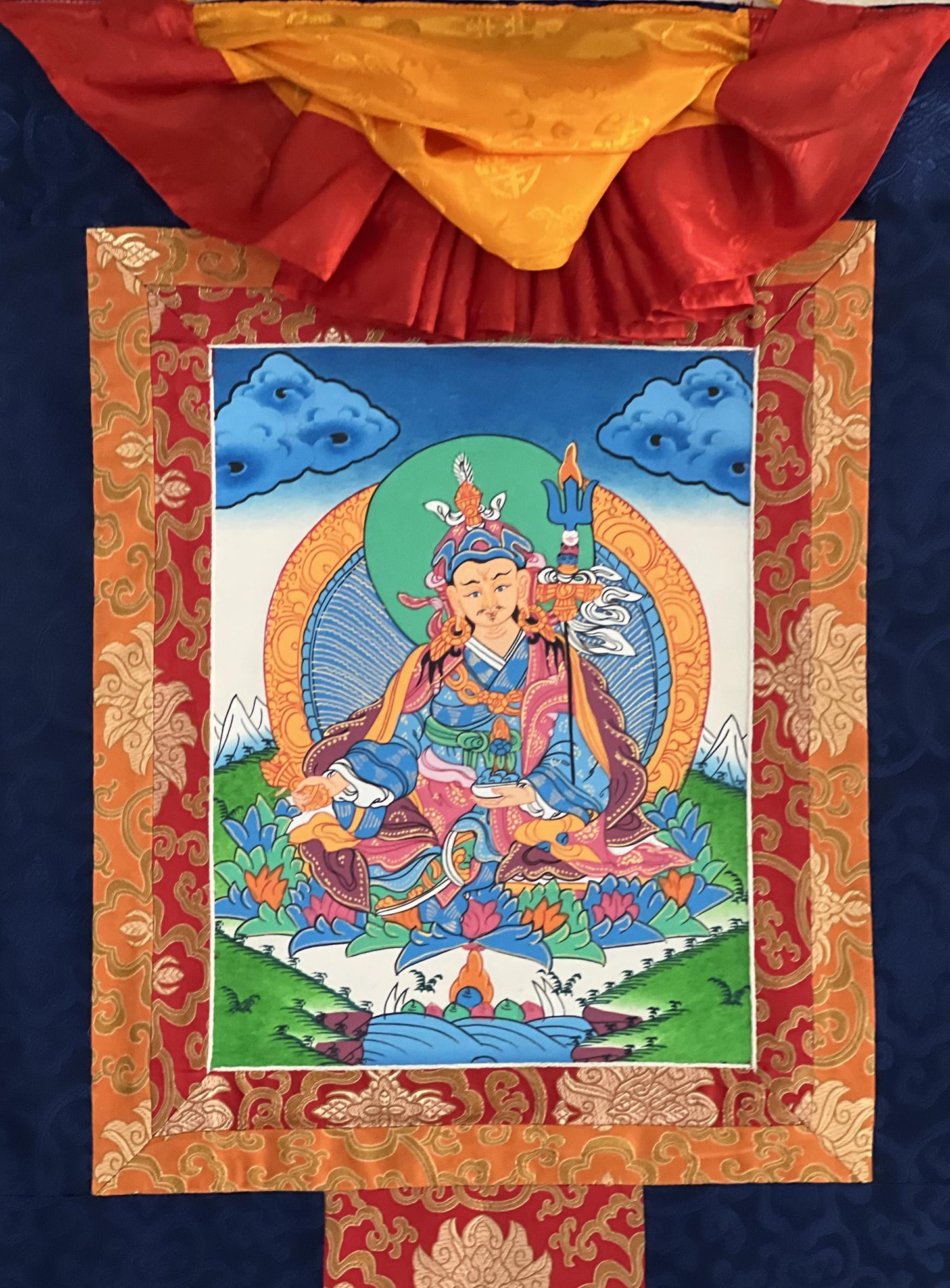 Original Hand-painted Padmasambhava Guru Rinpoche Master Quality Tibetan Thangka Painting with Silk Brocade