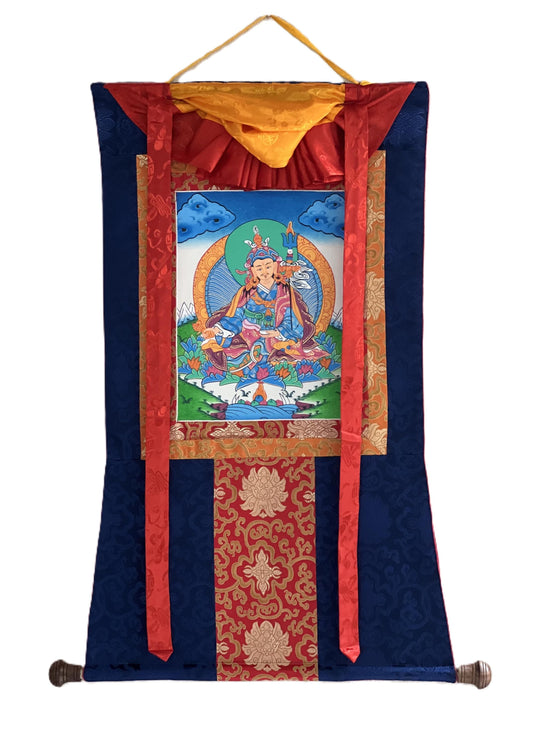 Original Hand-painted Padmasambhava Guru Rinpoche Master Quality Tibetan Thangka Painting with Silk Brocade