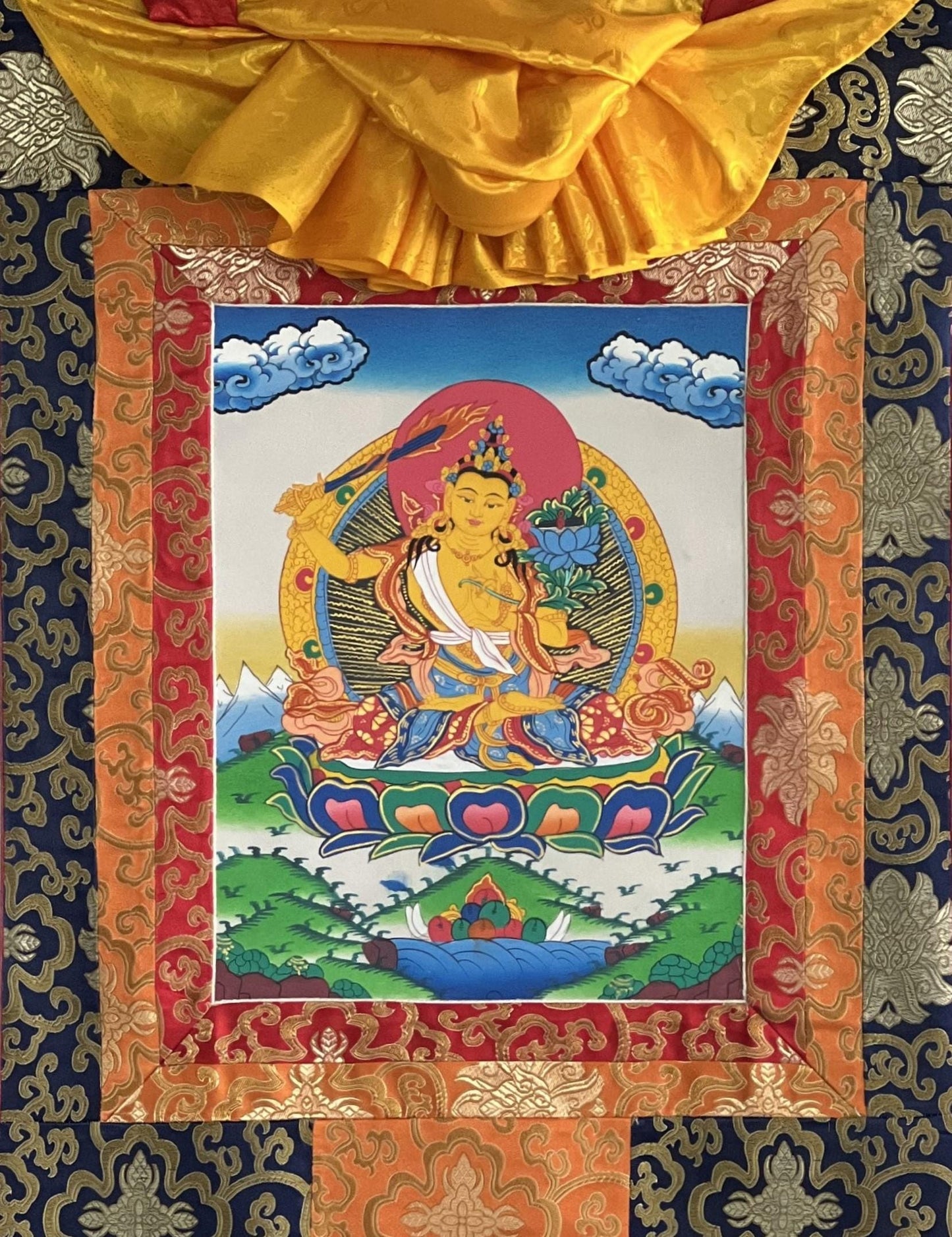 Hand-painted Manjushri Tibetan Thangka Painting with Silk Brocade