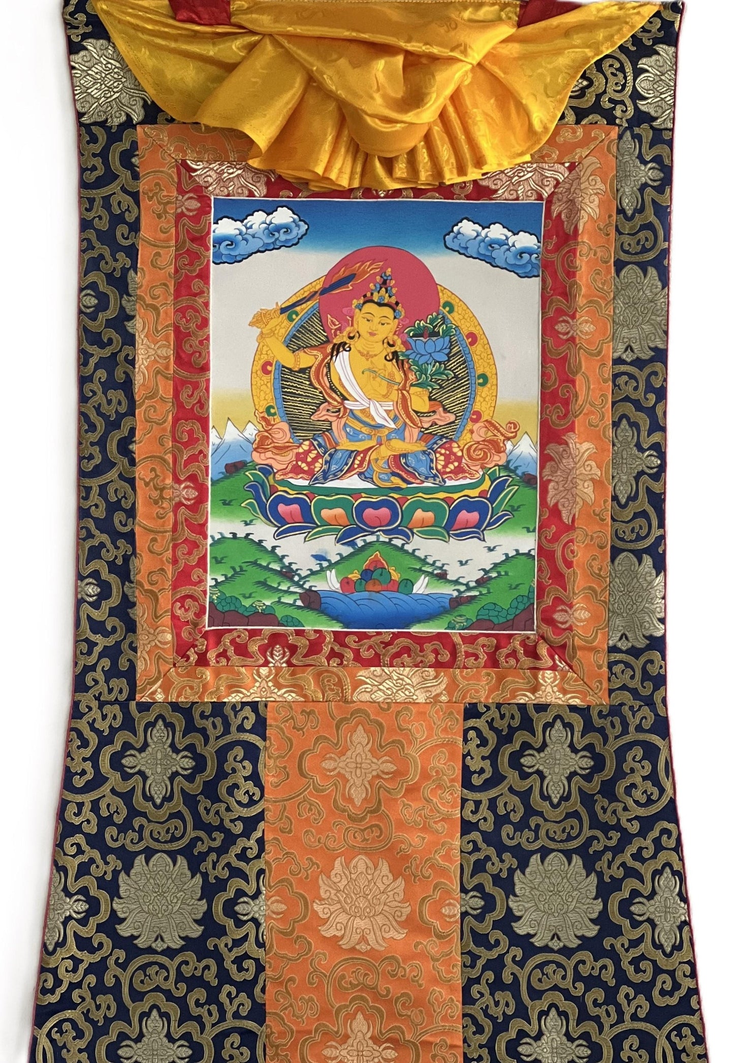 Hand-painted Manjushri Tibetan Thangka Painting with Silk Brocade
