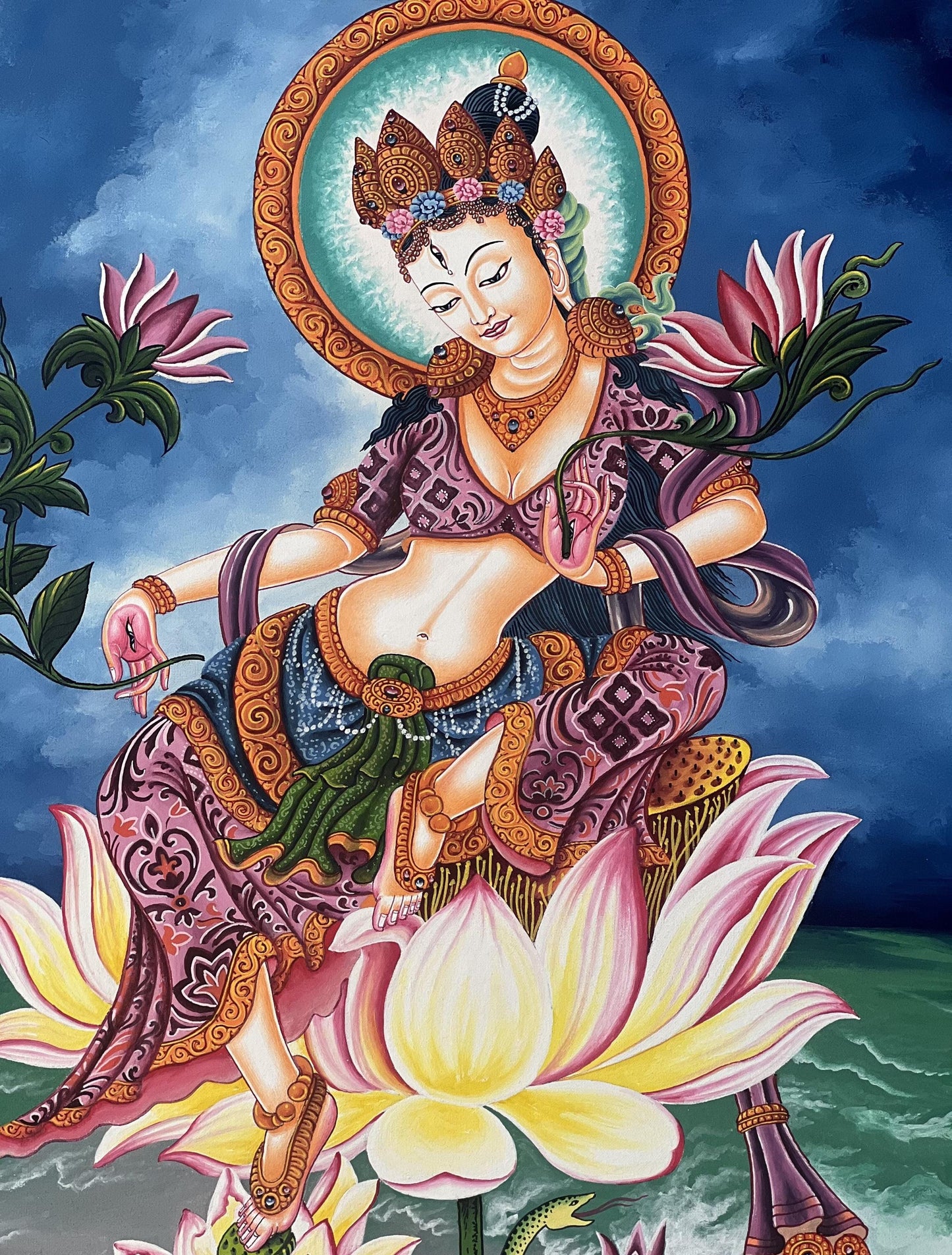 Hand-Painted White Tara Thangka – Newari Paubha Art From Nepal