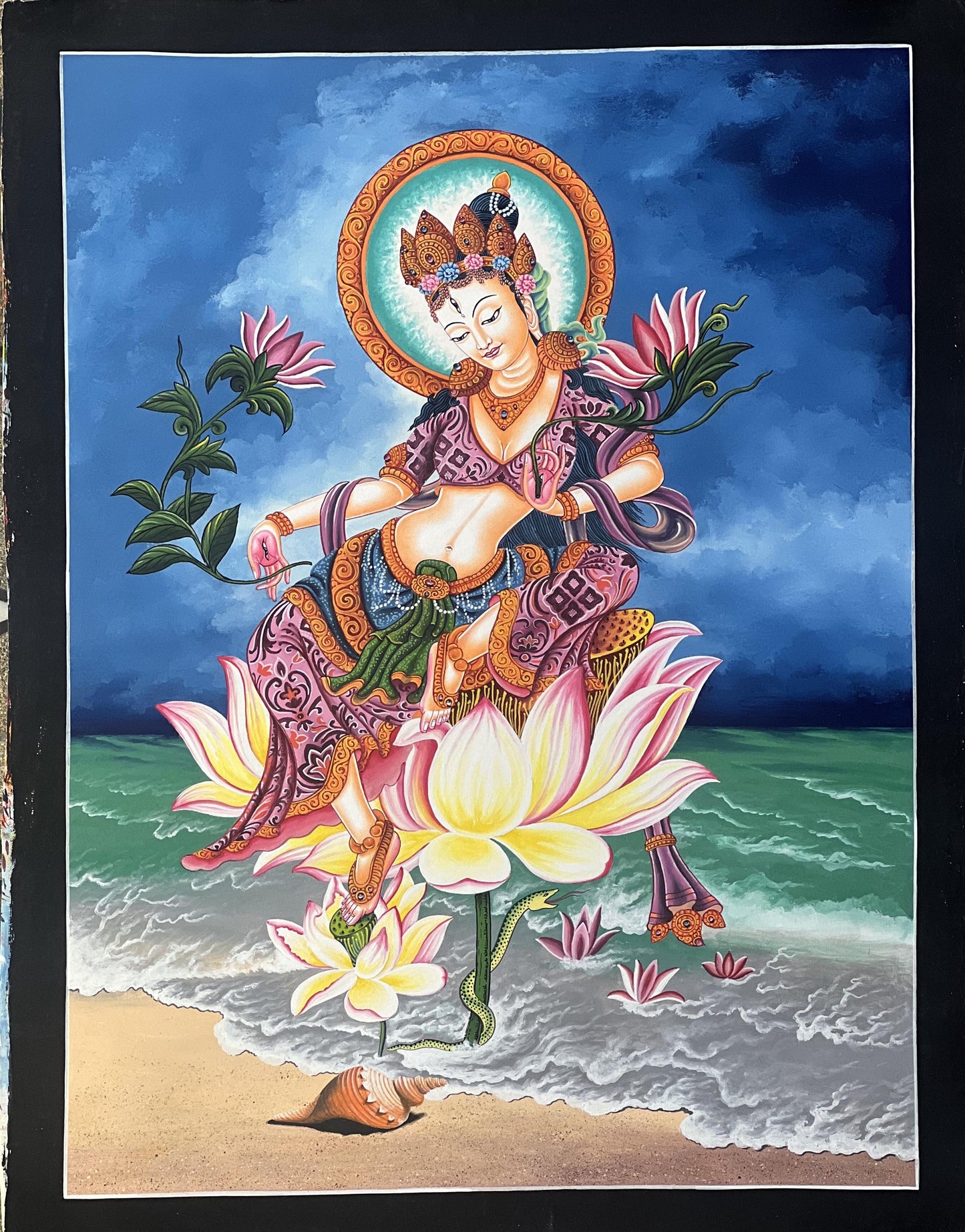 Hand-Painted White Tara Thangka – Newari Paubha Art From Nepal