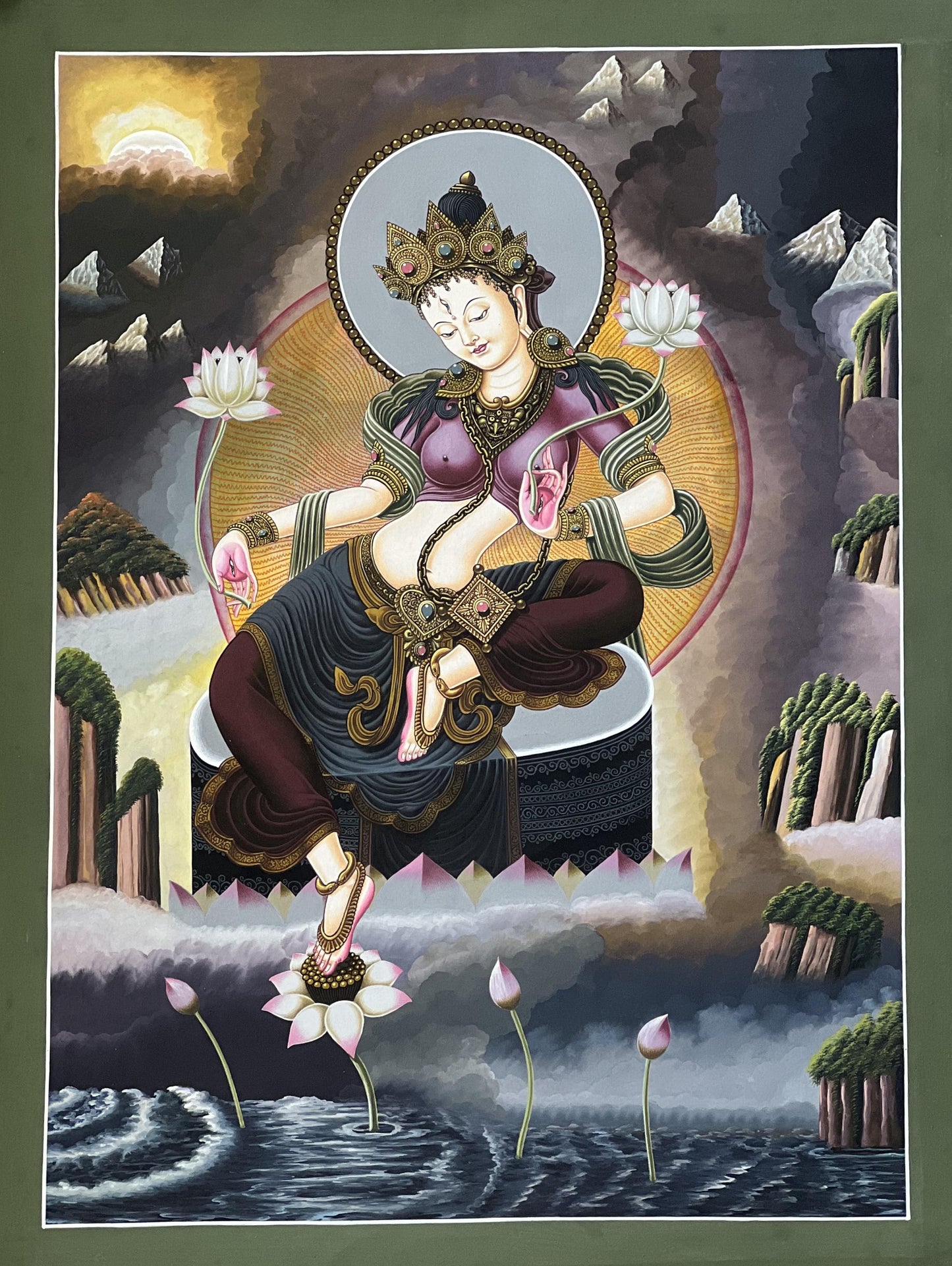 Hand-Painted White Tara Thangka: Newari Paubha Art, fine Masterpiece
