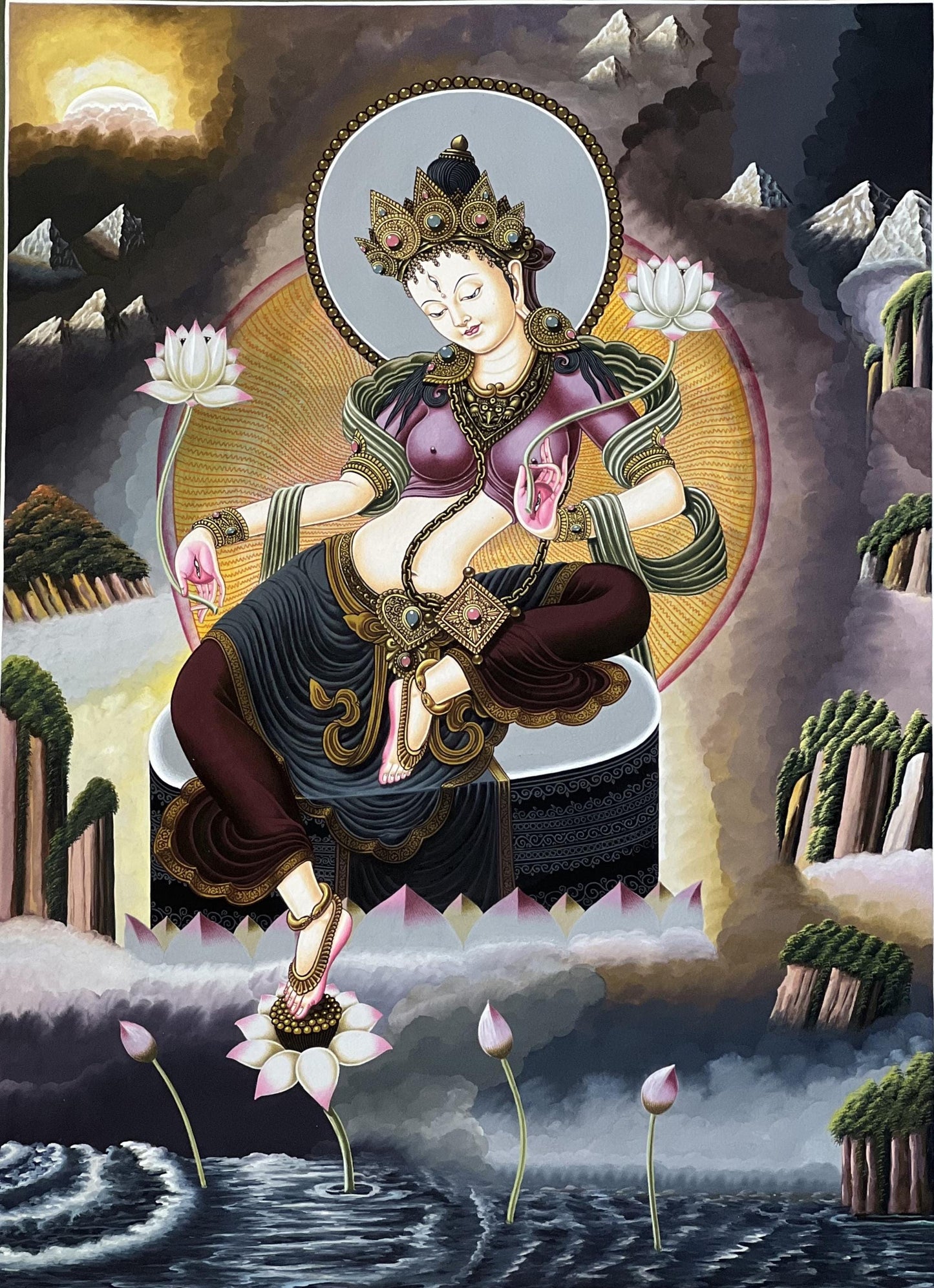Hand-Painted White Tara Thangka: Newari Paubha Art, fine Masterpiece