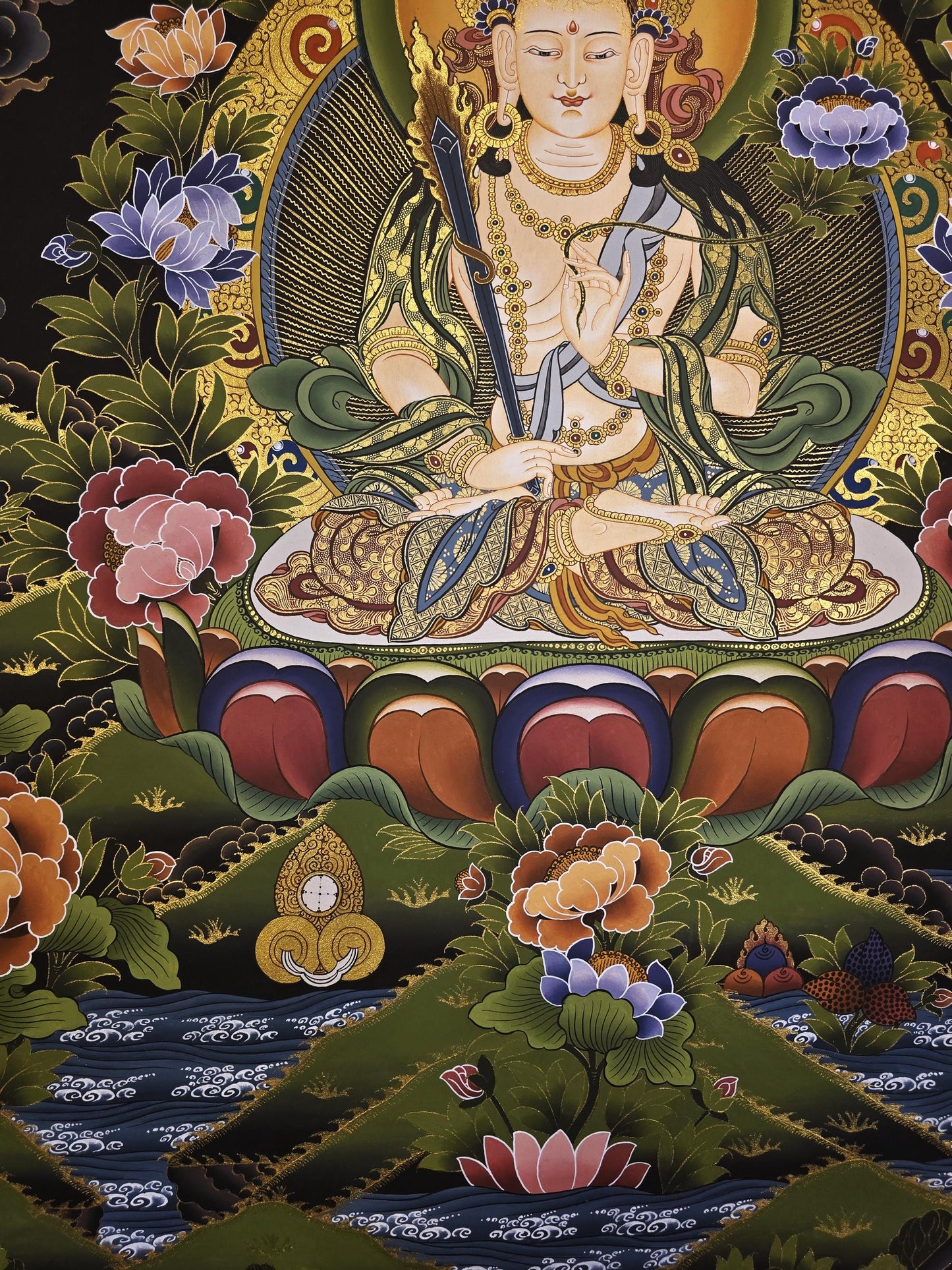 Original Hand-Painted White Manjushri Thangka | Compassion & Meditation Wall Hanging | Tibetan Thanka Painting