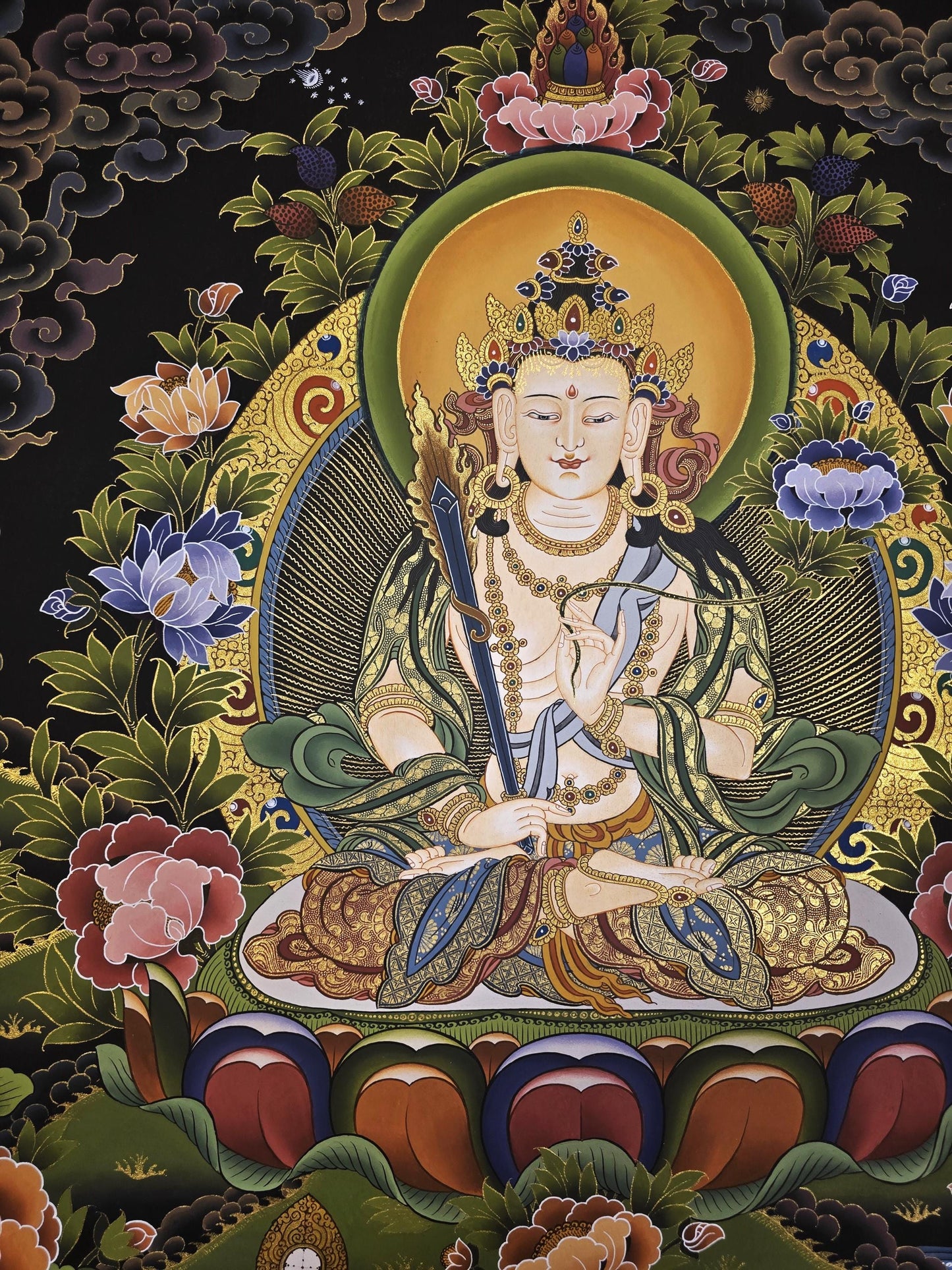 Original Hand-Painted White Manjushri Thangka | Compassion & Meditation Wall Hanging | Tibetan Thanka Painting