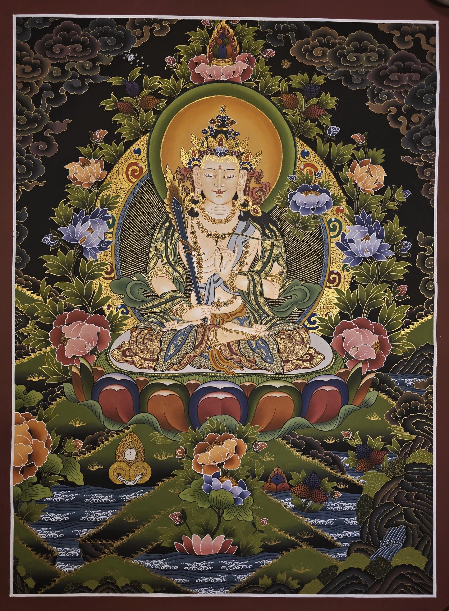 Original Hand-Painted White Manjushri Thangka | Compassion & Meditation Wall Hanging | Tibetan Thanka Painting