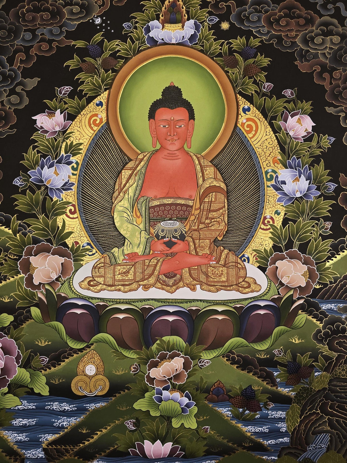Hand Painted Amitabha Buddha Thangka Painting: Gold Tibetan Wall Art