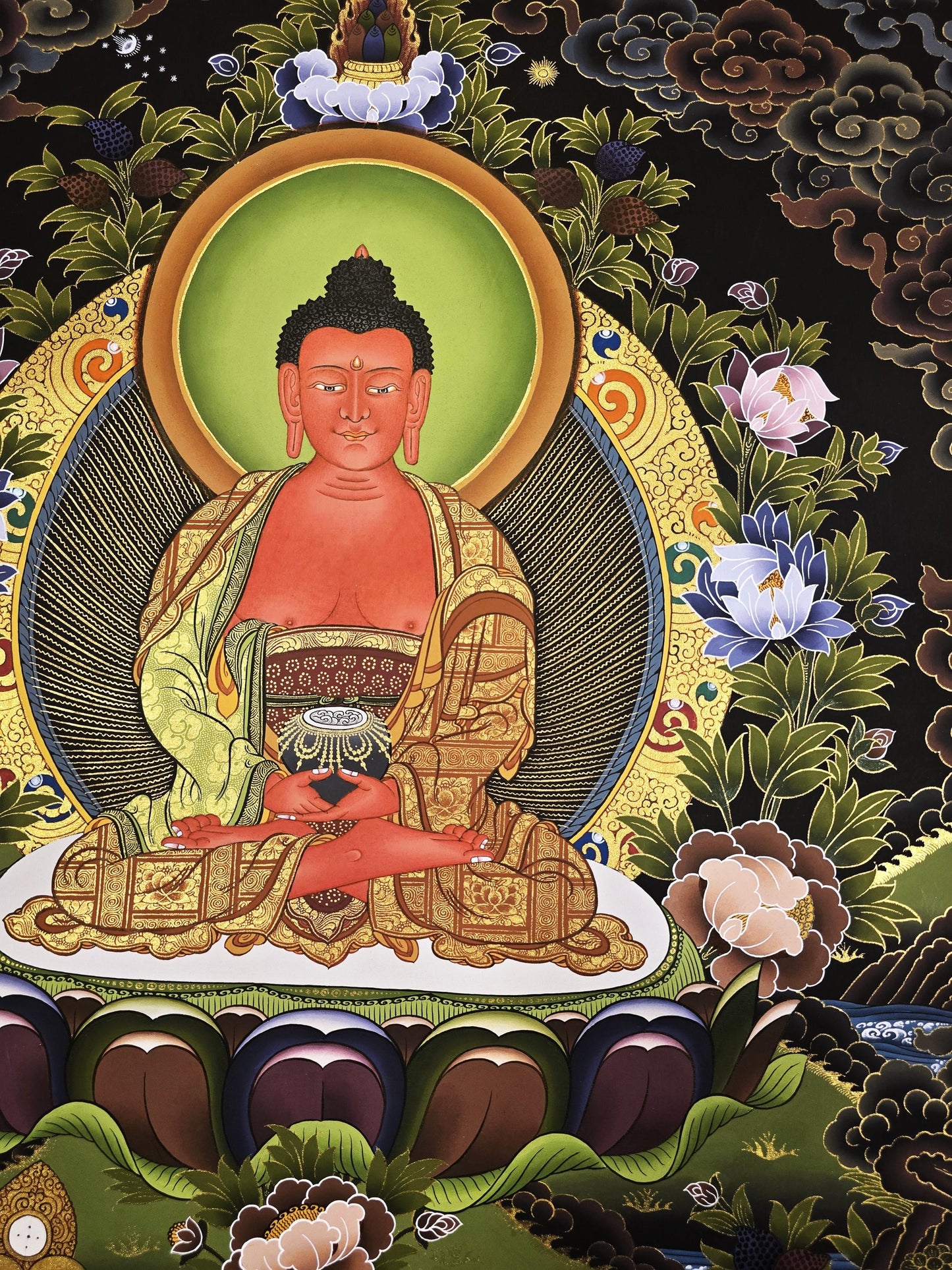 Hand Painted Amitabha Buddha Thangka Painting: Gold Tibetan Wall Art