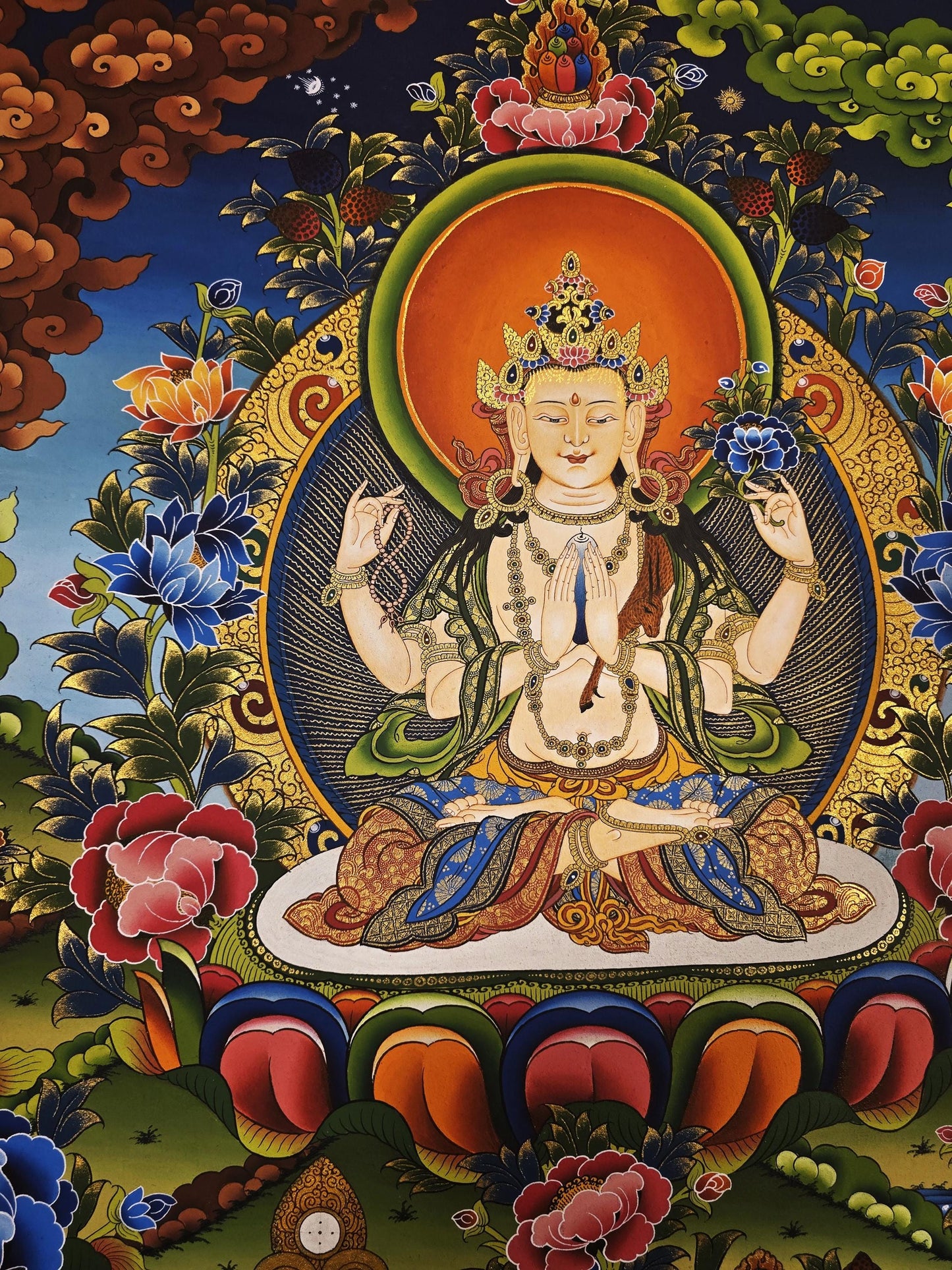 Eight-Armed Chenrezig Thangka | Avalokiteshvara Bodhisattva | Hand-Painted Tibetan Art | Silk Brocade | Compassion Deity Painting
