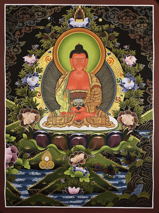 Hand Painted Amitabha Buddha Thangka Painting: Gold Tibetan Wall Art