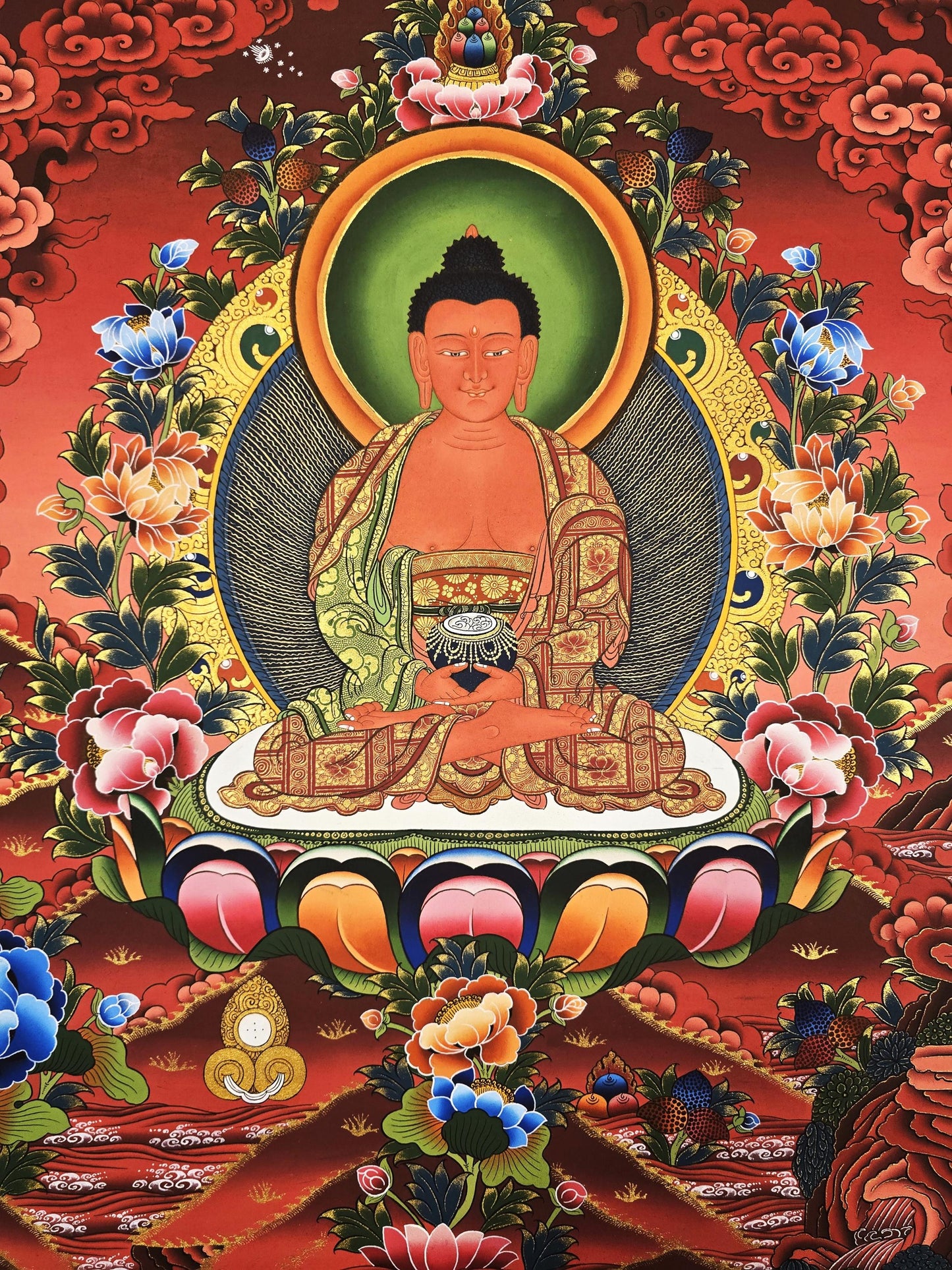 Original Tibetan Thangka of Amitabha Buddha – Hand-Painted Gold Masterpiece for Compassion and Meditation