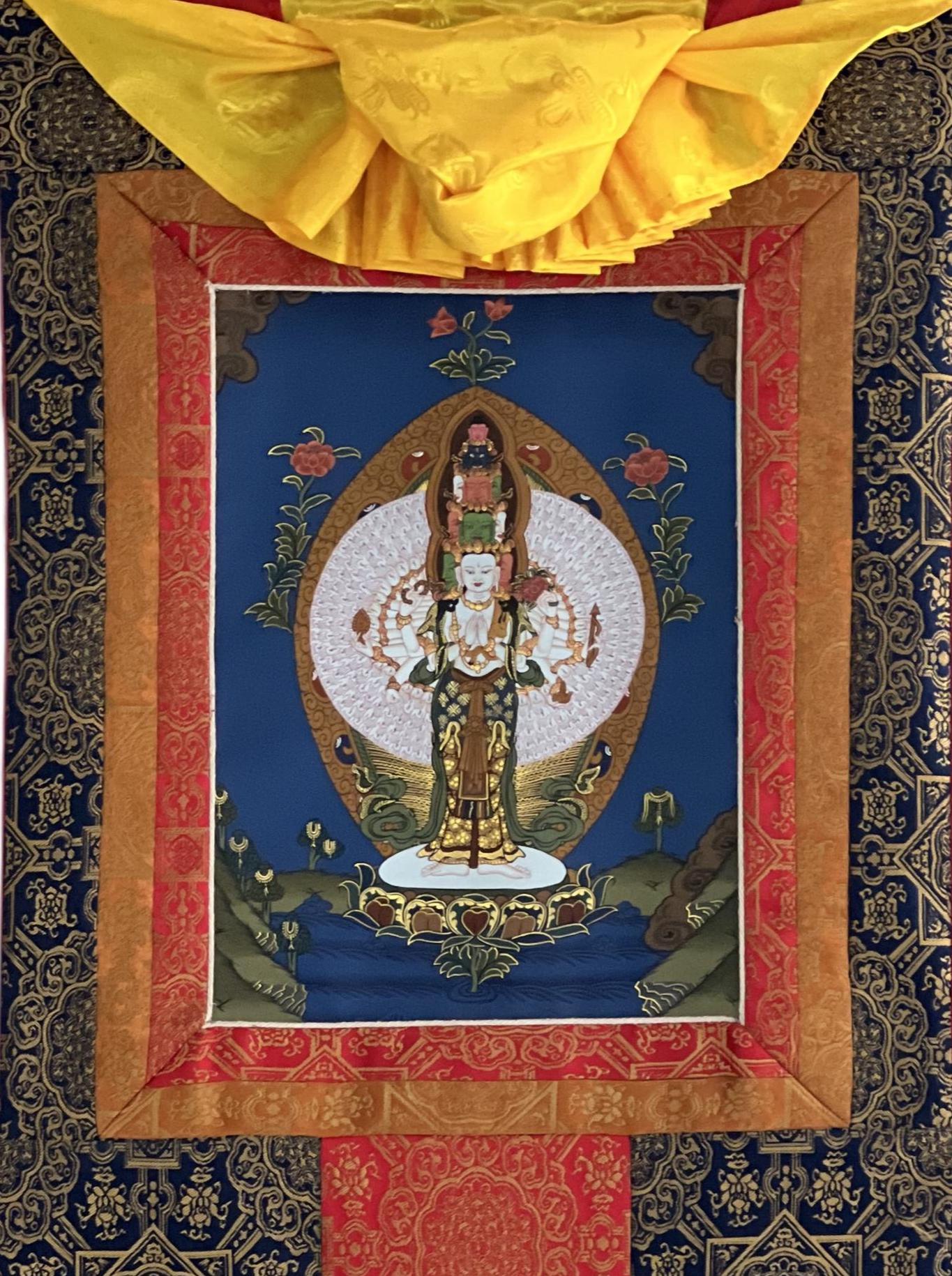 Hand-Painted Avalokiteshvara Thangka Painting with Silk Brocade