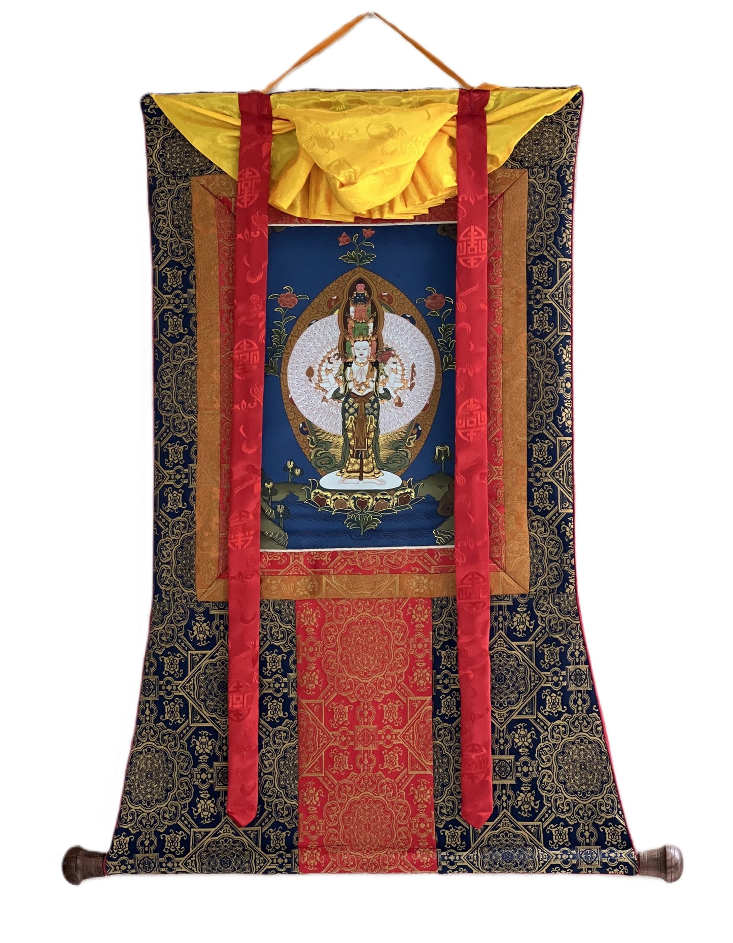 Hand-Painted Avalokiteshvara Thangka Painting with Silk Brocade