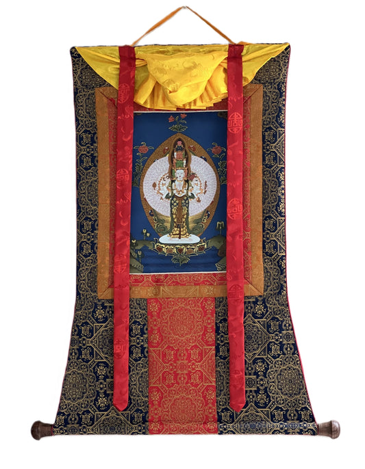 Hand-Painted Avalokiteshvara Thangka Painting with Silk Brocade