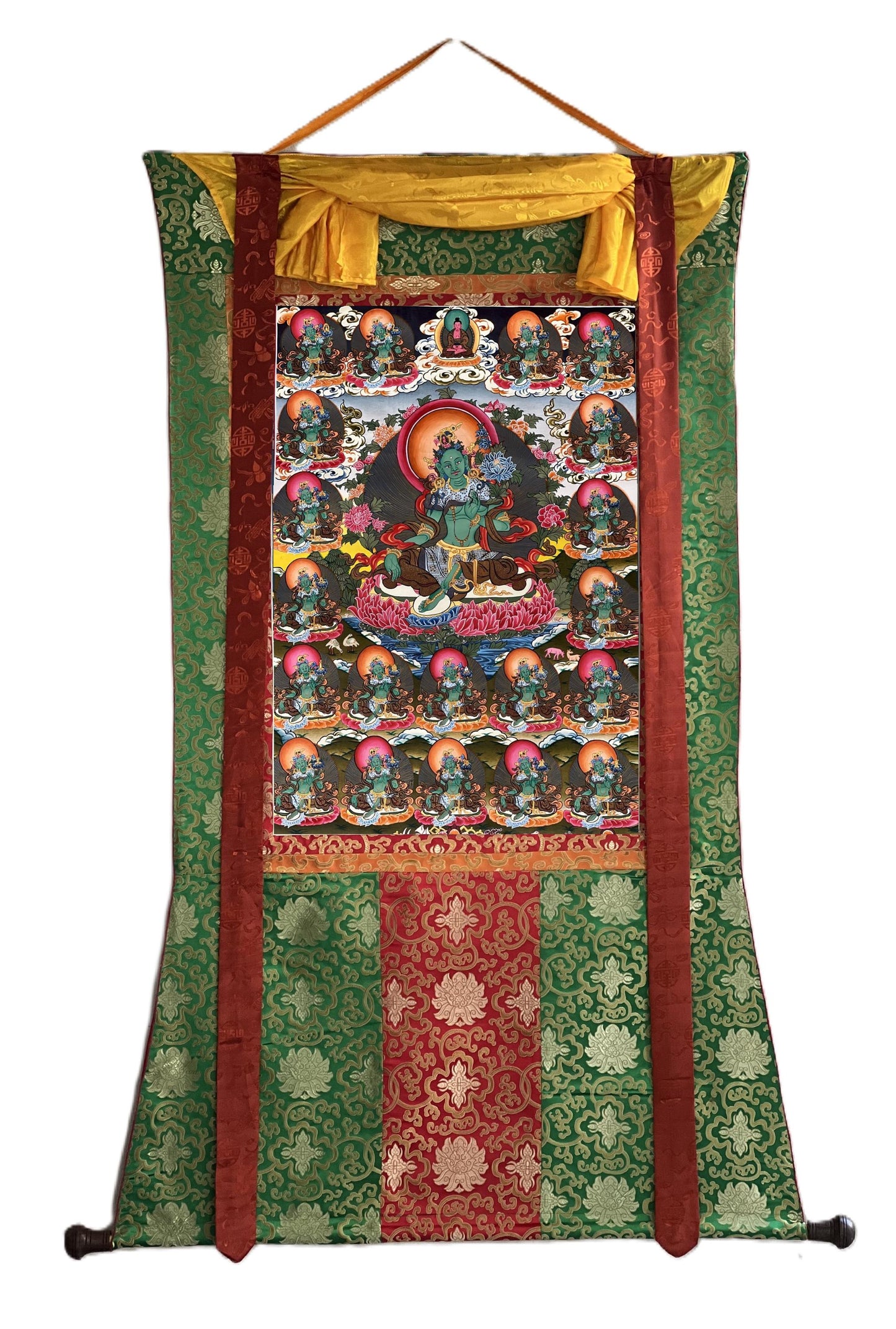 Hand-Painted 21 Green Tara Thangka Painting on Silk Brocade