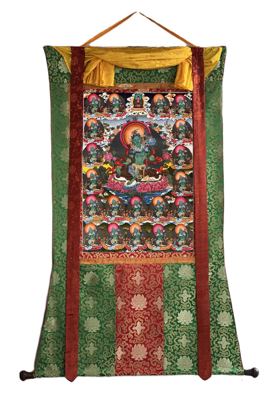 Hand-Painted 21 Green Tara Thangka Painting on Silk Brocade