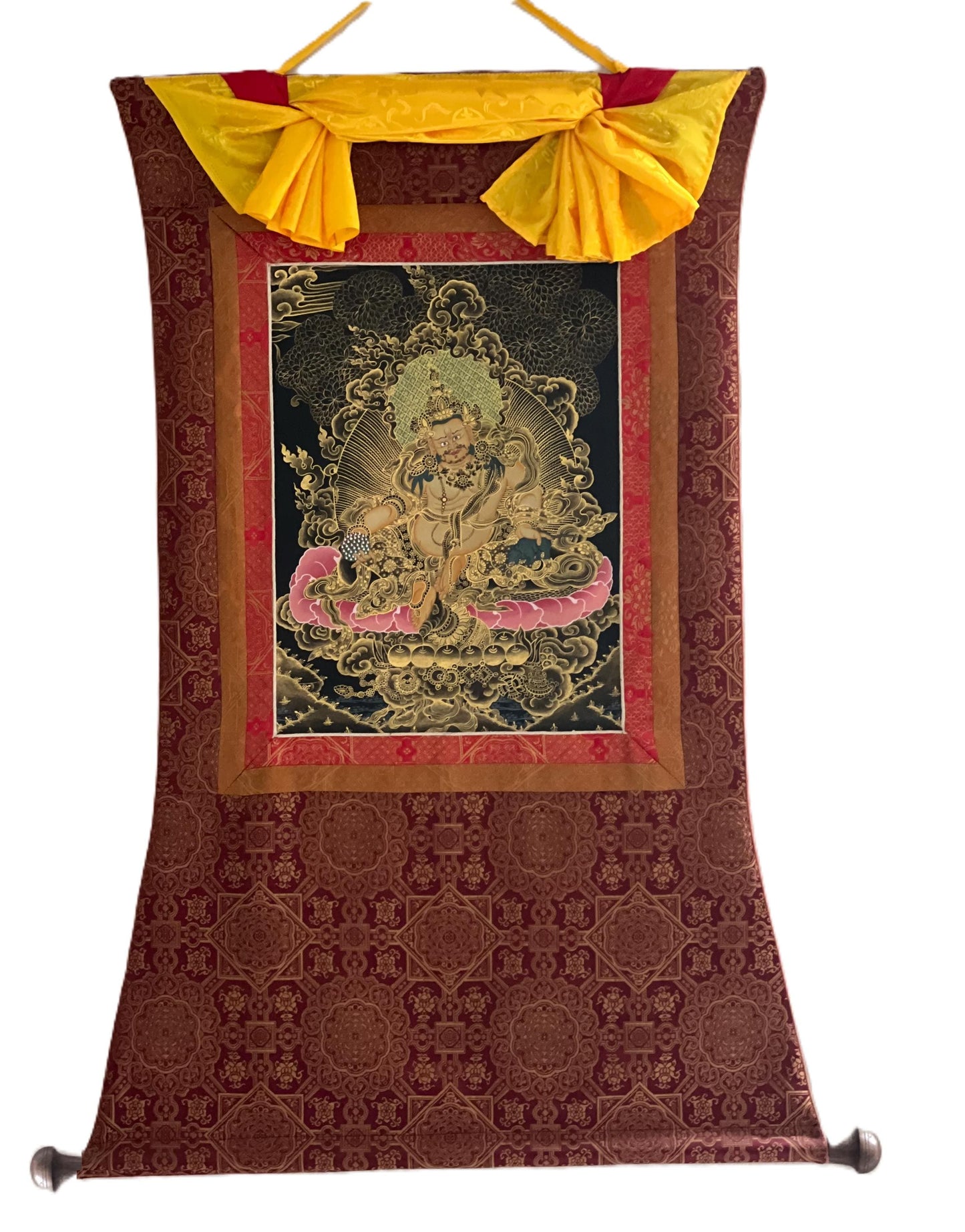 Hand Painted Kubera Zambala Thangka, God of Wealth with Silk Brocade