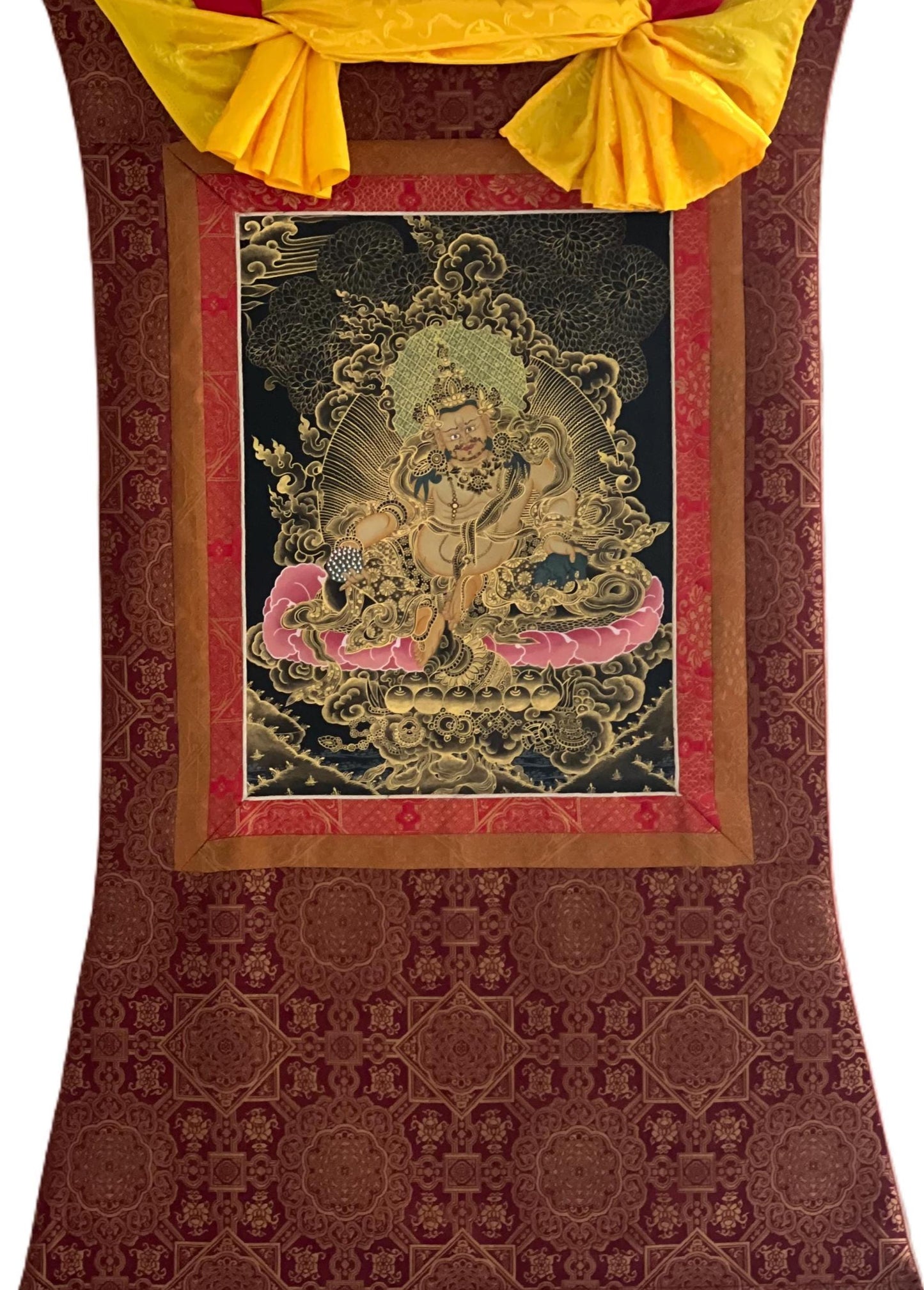 Hand Painted Kubera Zambala Thangka, God of Wealth with Silk Brocade