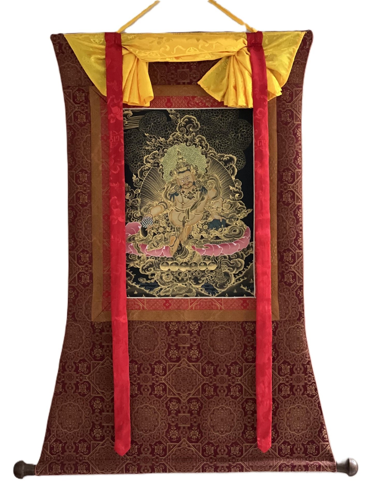 Hand Painted Kubera Zambala Thangka, God of Wealth with Silk Brocade
