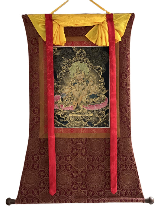 Hand Painted Kubera Zambala Thangka, God of Wealth with Silk Brocade