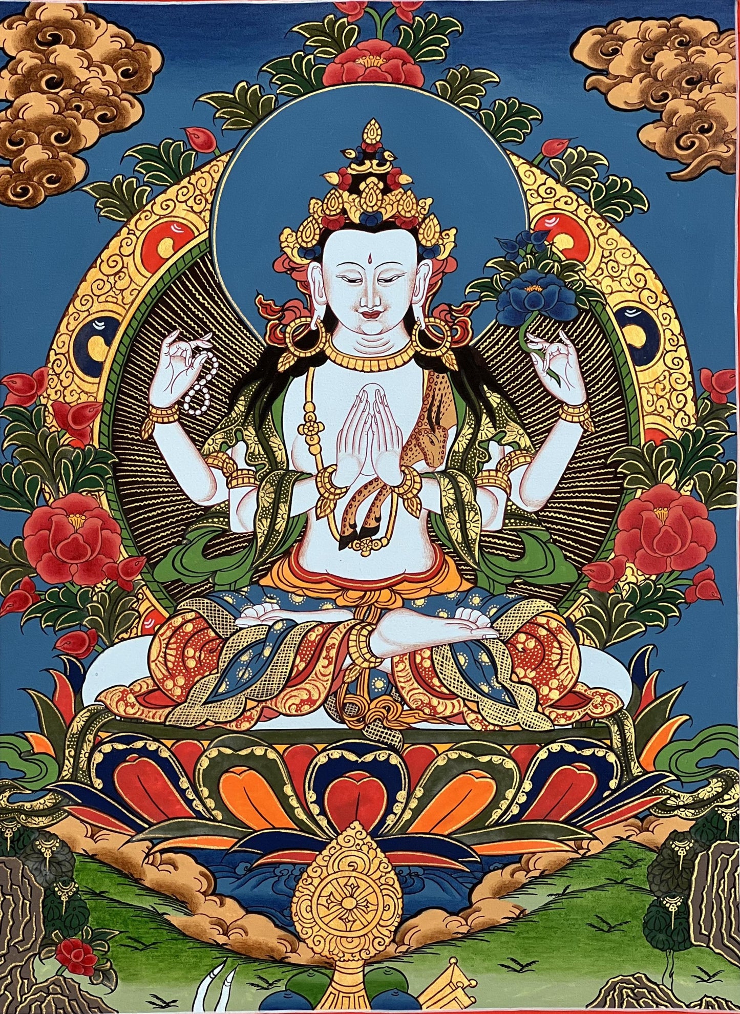 Hand-Painted Chenrezig Thangka, Tibetan Buddhist Art from Nepal