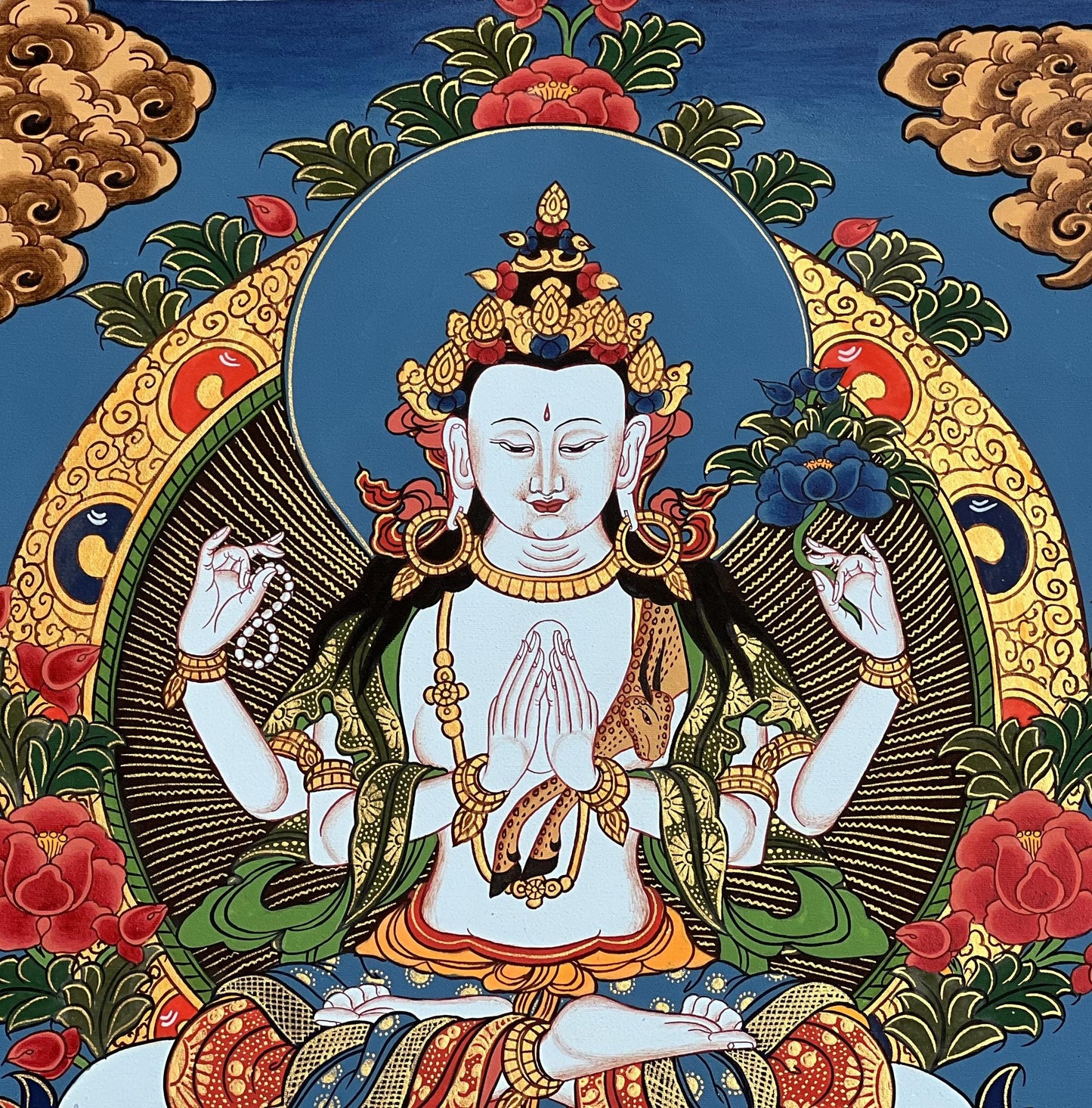 Hand-Painted Chenrezig Thangka, Tibetan Buddhist Art from Nepal