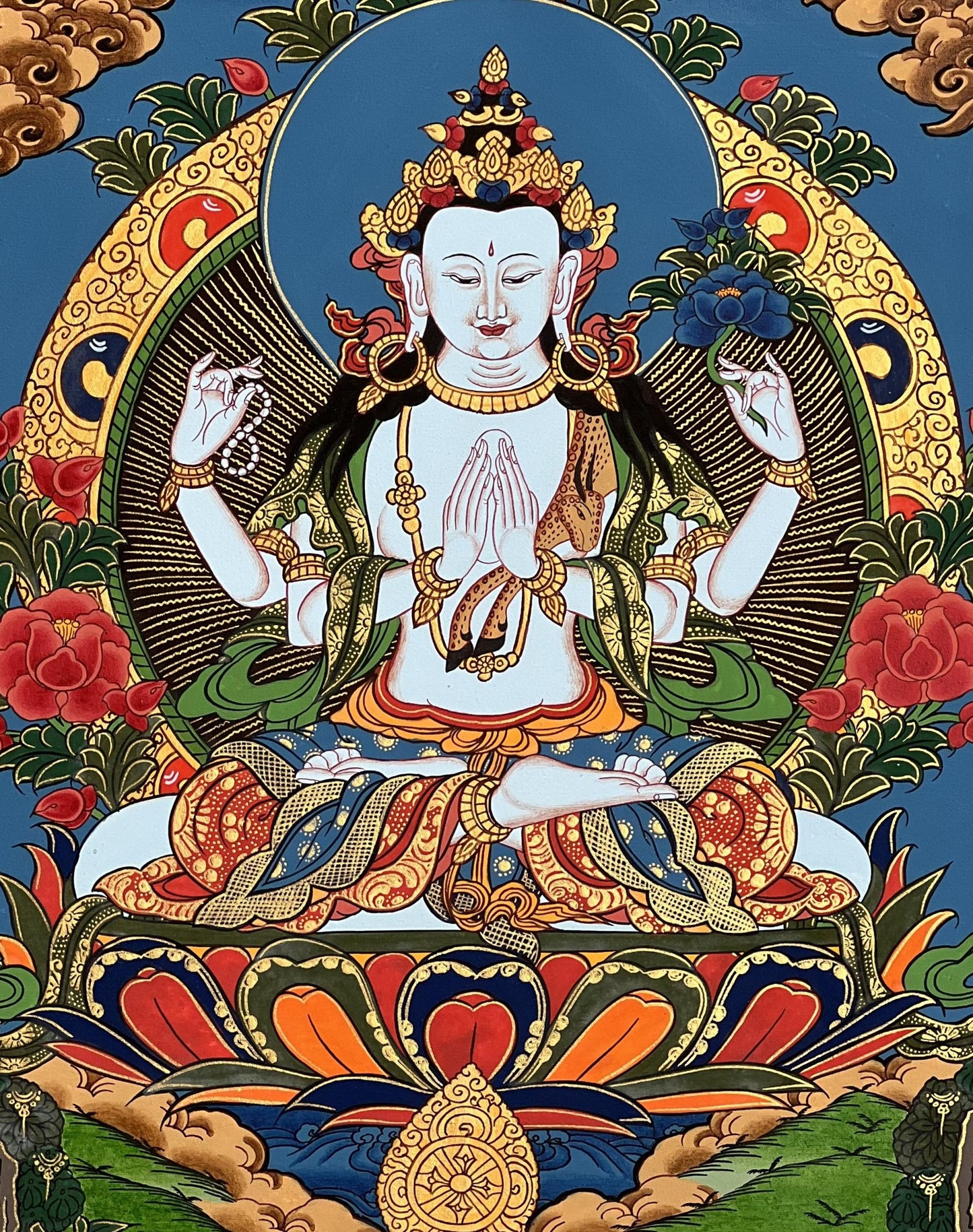 Hand-Painted Chenrezig Thangka, Tibetan Buddhist Art from Nepal