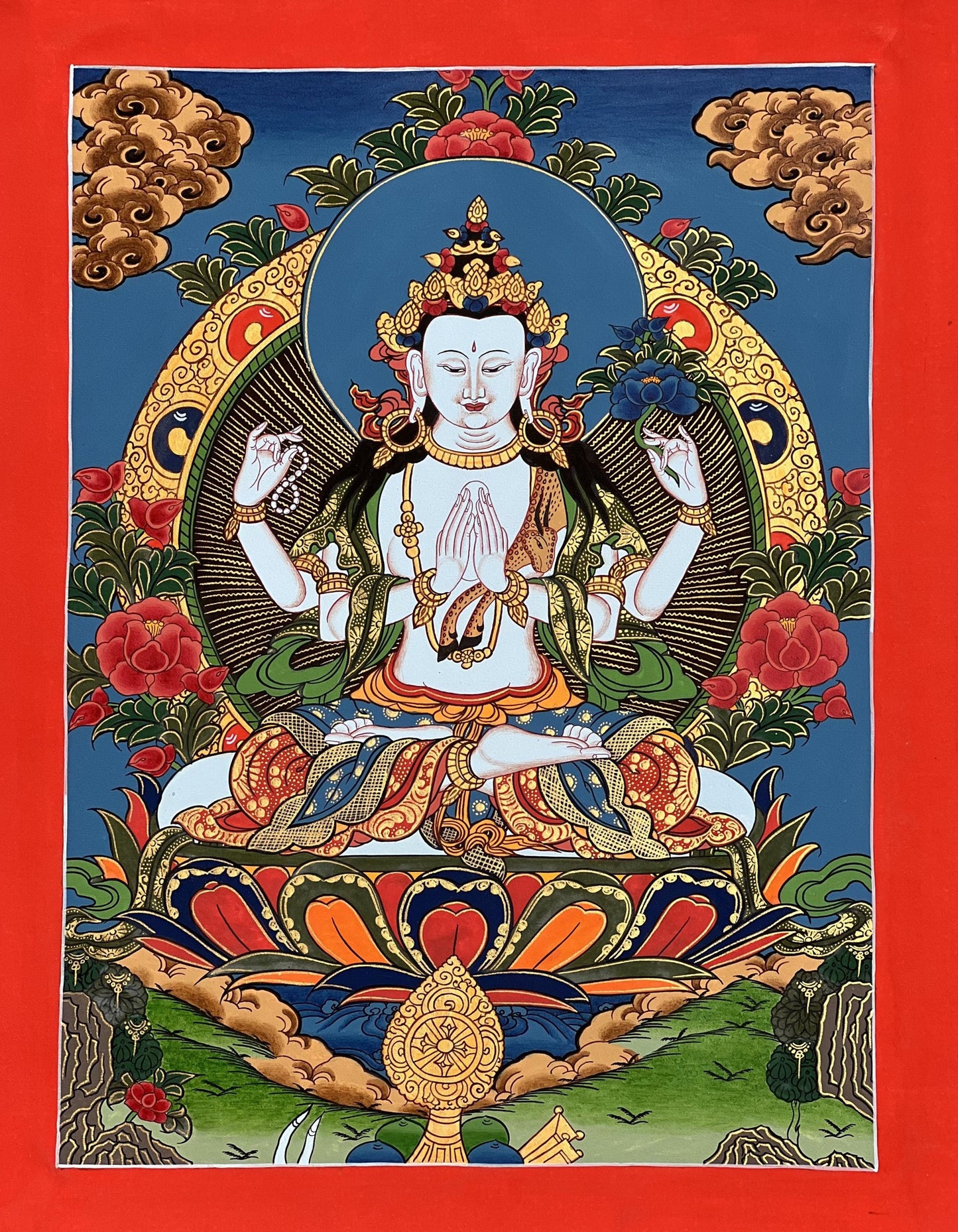 Hand-Painted Chenrezig Thangka, Tibetan Buddhist Art from Nepal