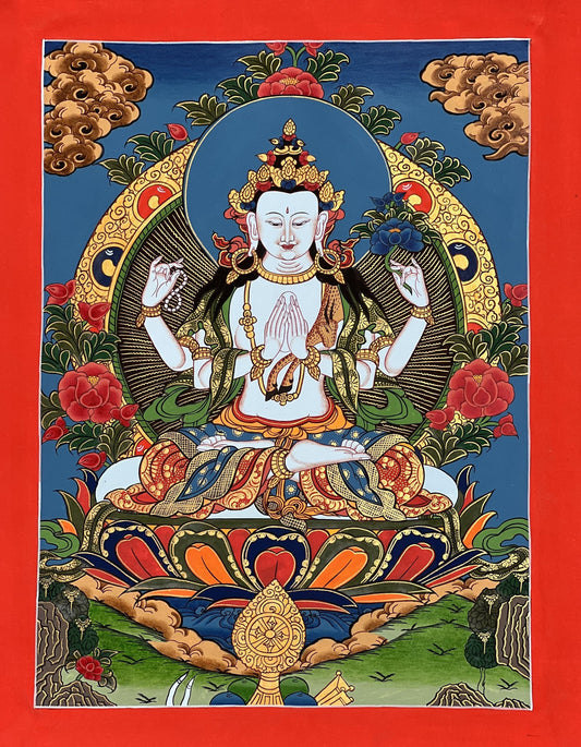 Hand-Painted Chenrezig Thangka, Tibetan Buddhist Art from Nepal