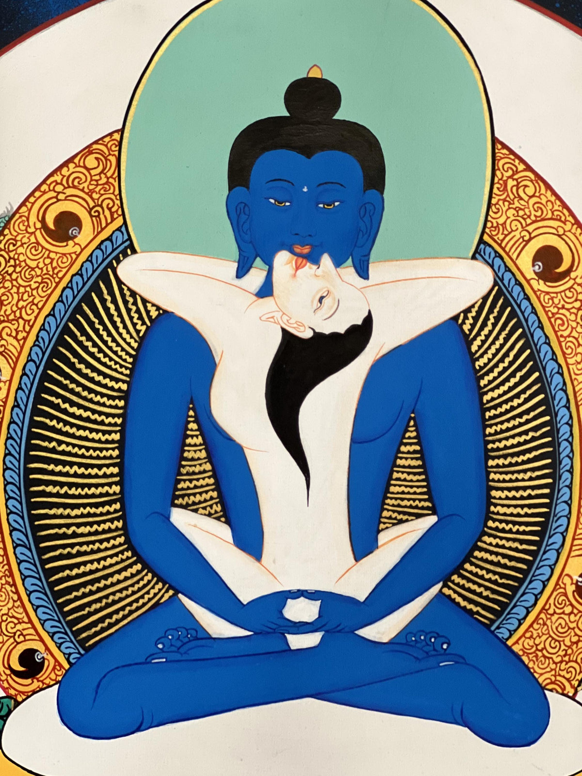 Samantabhadra Thangka Painting with Silk Brocade