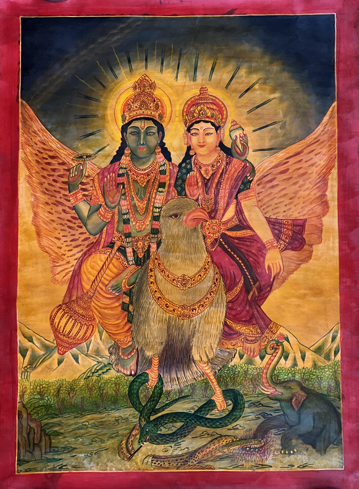 Hand-Painted Lakshmi Narayana on Garuda Newari Paubha Thangka - Hindu Vishnu Lakshmi Art Oil Varnished