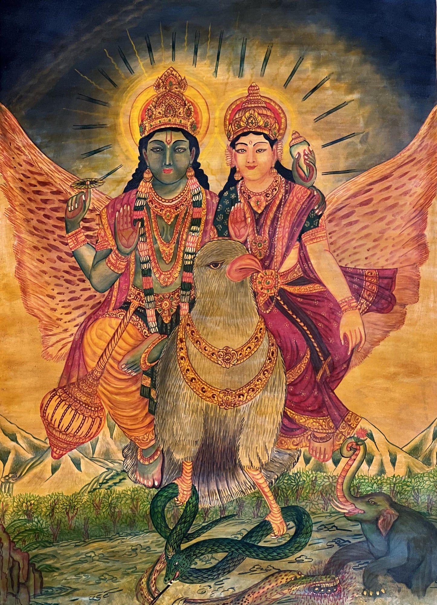 Hand-Painted Lakshmi Narayana on Garuda Newari Paubha Thangka - Hindu Vishnu Lakshmi Art Oil Varnished