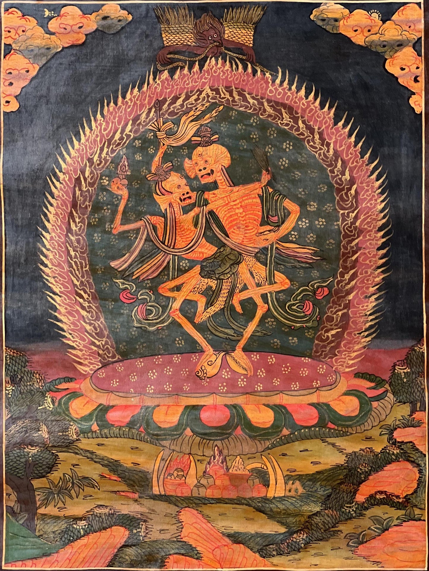 Hand Painted Citipati Thangka: Dancing Skeletons, Tibetan Meditation Art