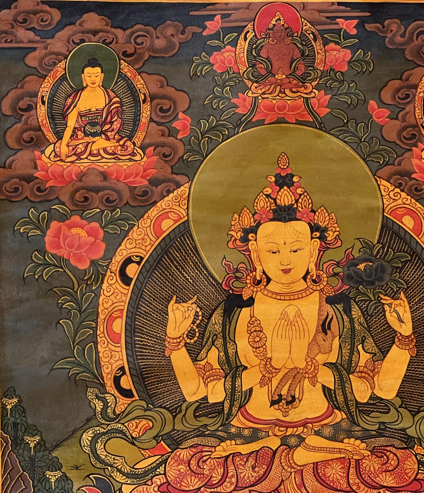 Hand-Painted Chenrezig Thangka: Tibetan Compassion Buddha Canvas Art